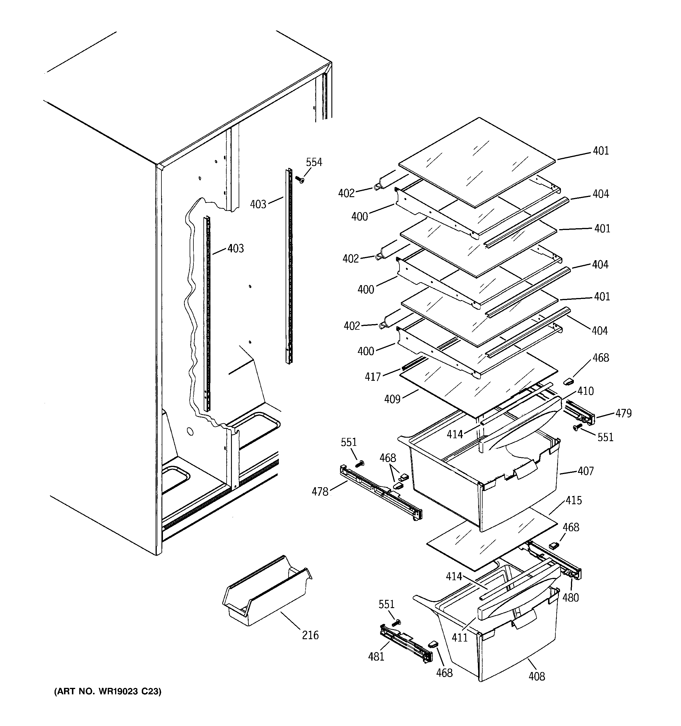 RCA RSG20IDPDFWW fresh food shelves diagram