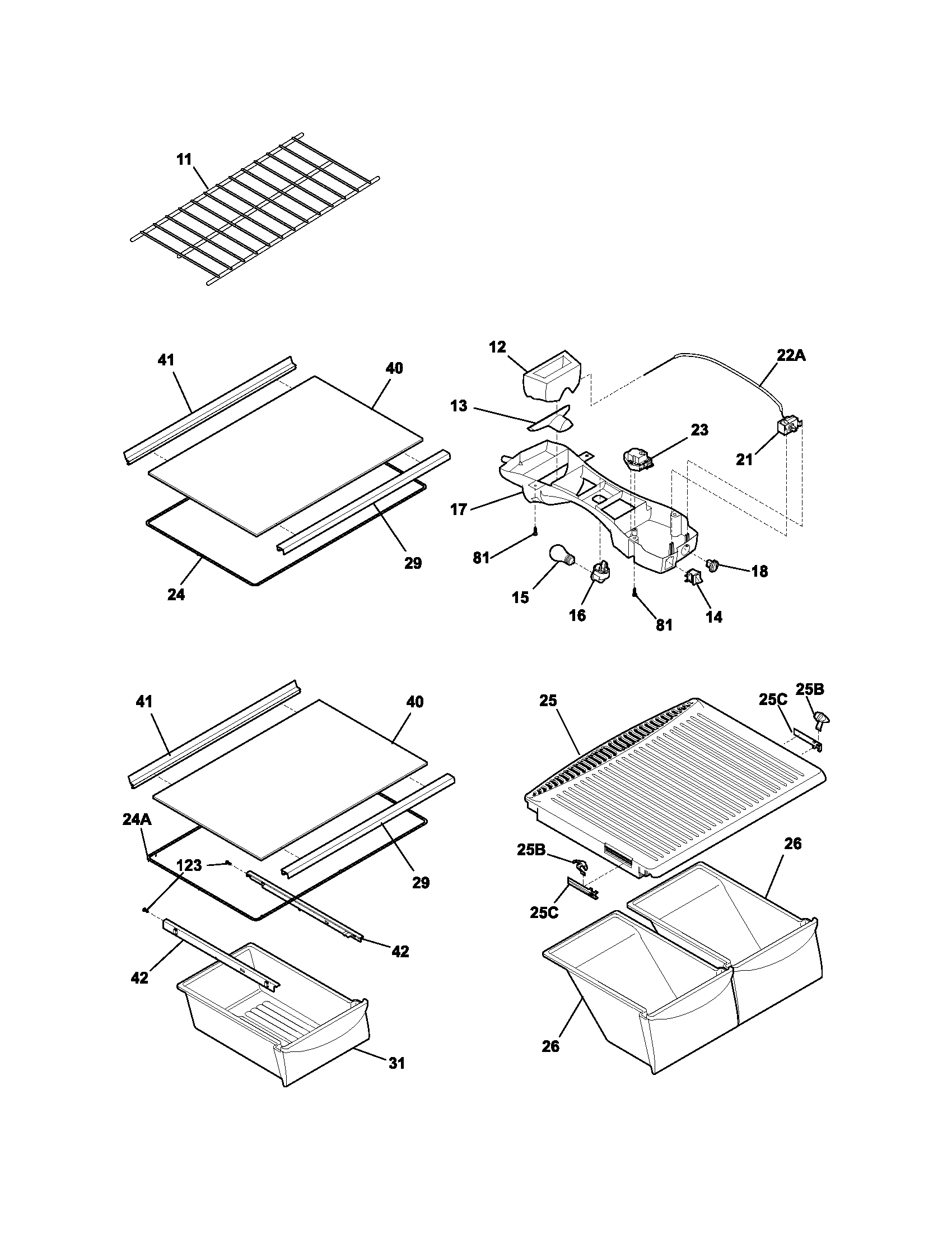 Frigidaire FRT15G4BW3 shelves diagram
