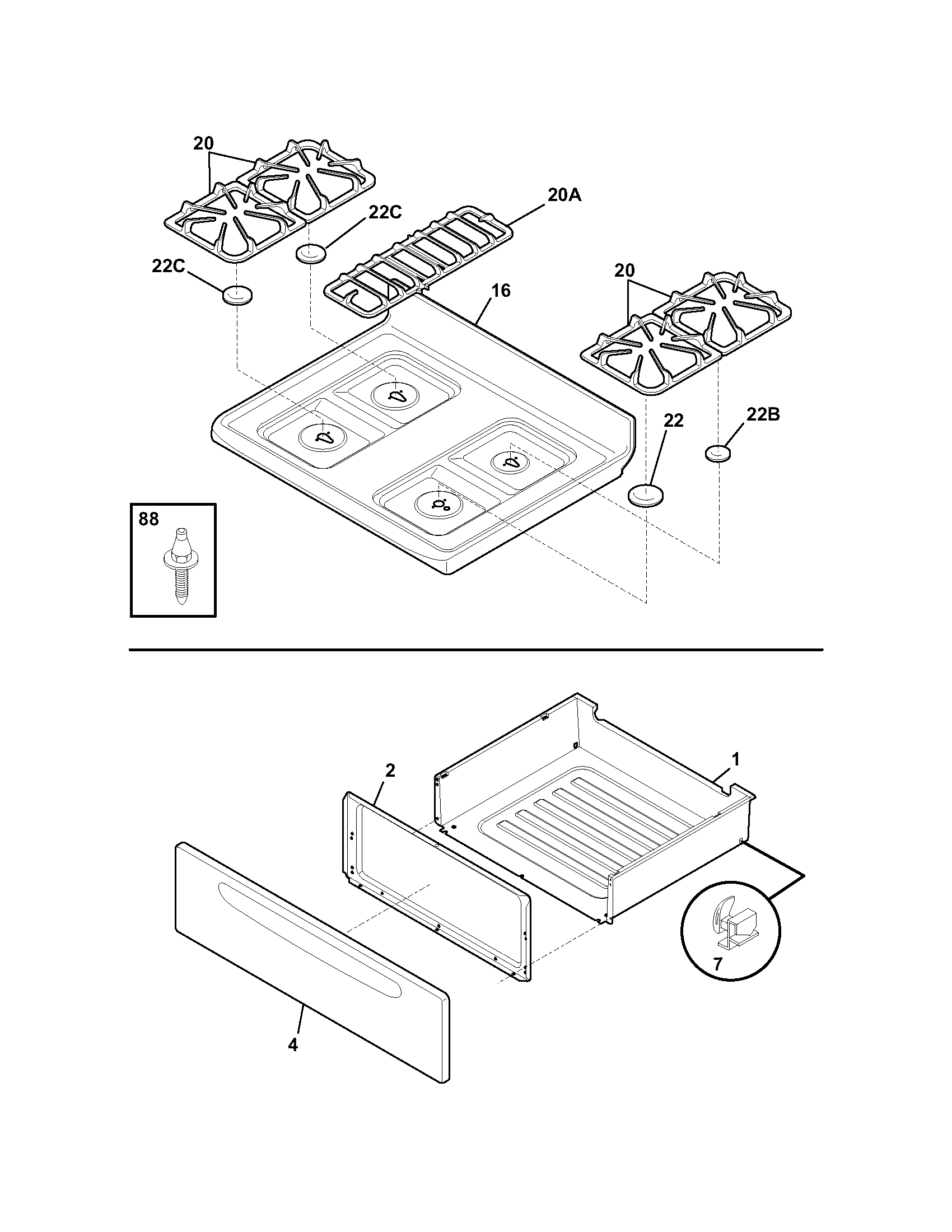Frigidaire GSG3PZCBE top/drawer diagram