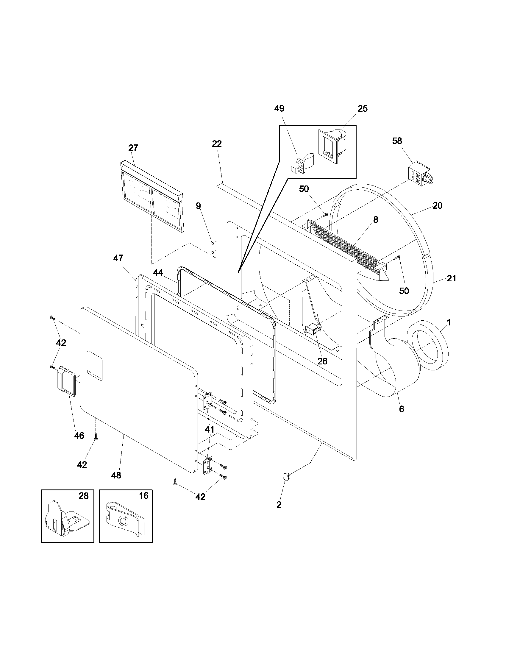 Frigidaire GLER341CDC0 front panel/lint filter diagram