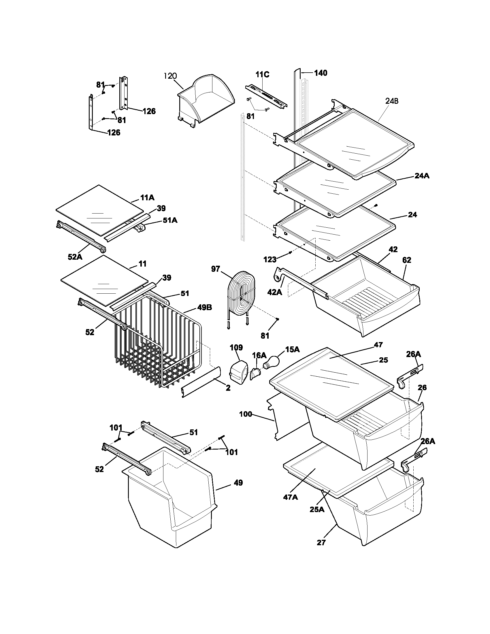 Frigidaire GLRS267ZCW2 shelves diagram