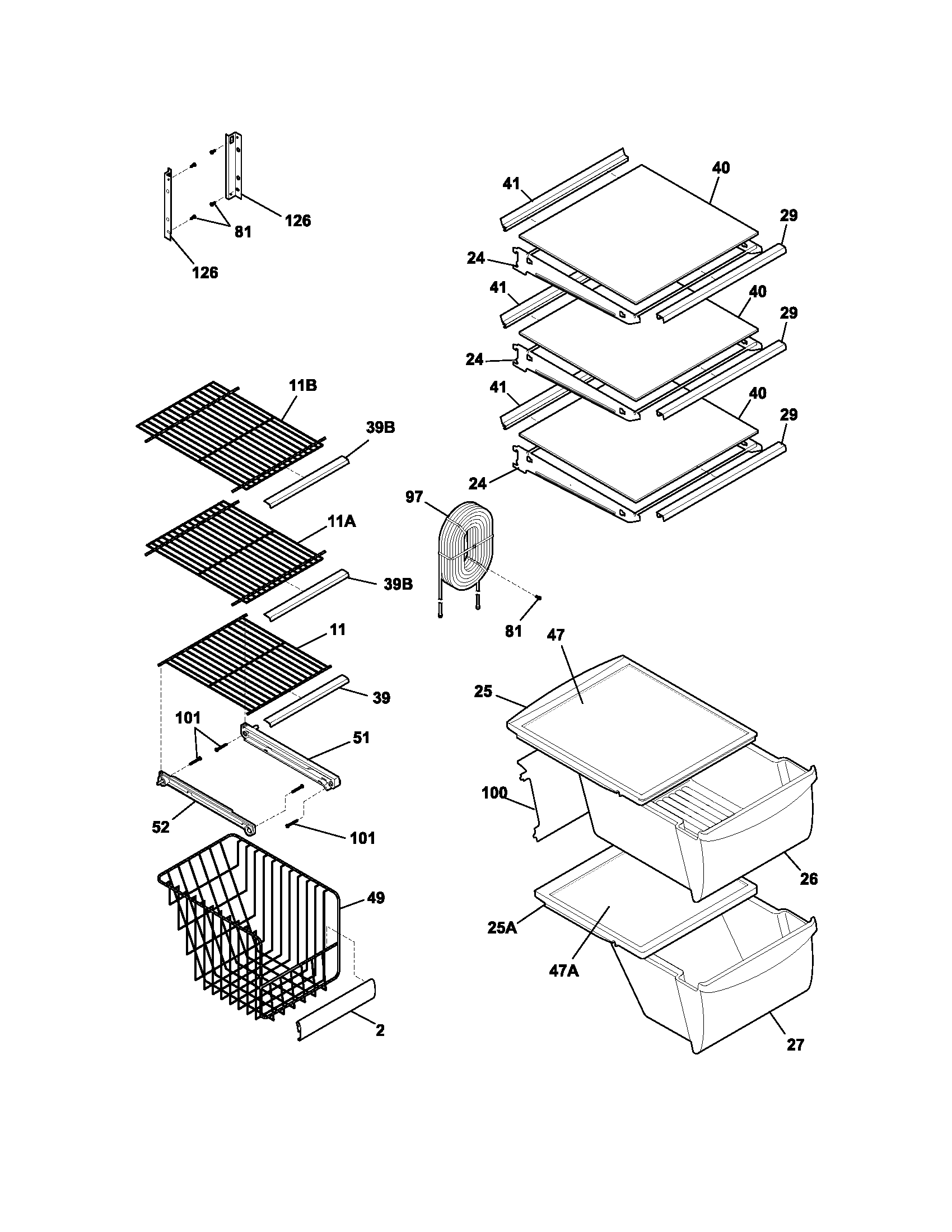Frigidaire FRS26W2AW8 shelves diagram