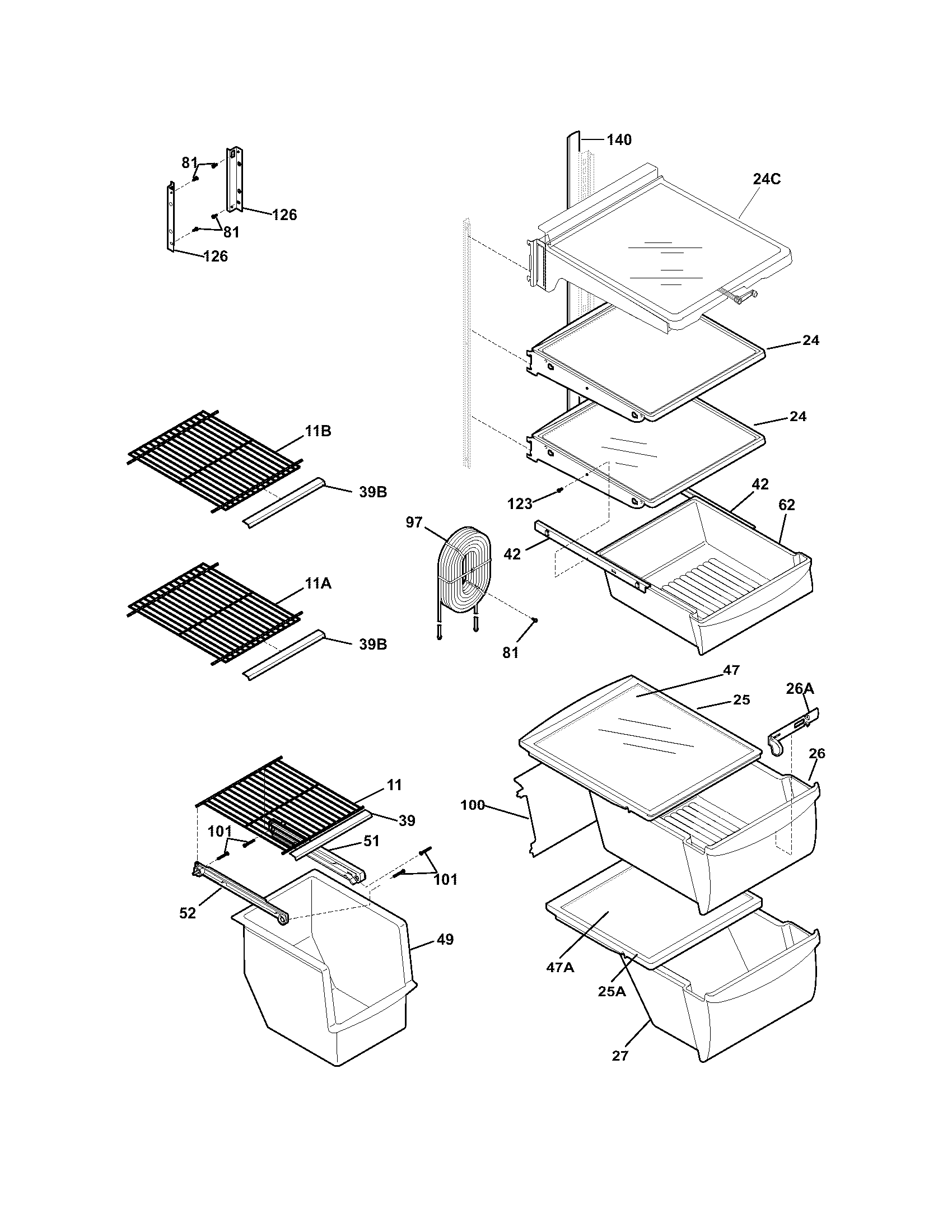 Frigidaire FRS23FCDB0 shelves diagram