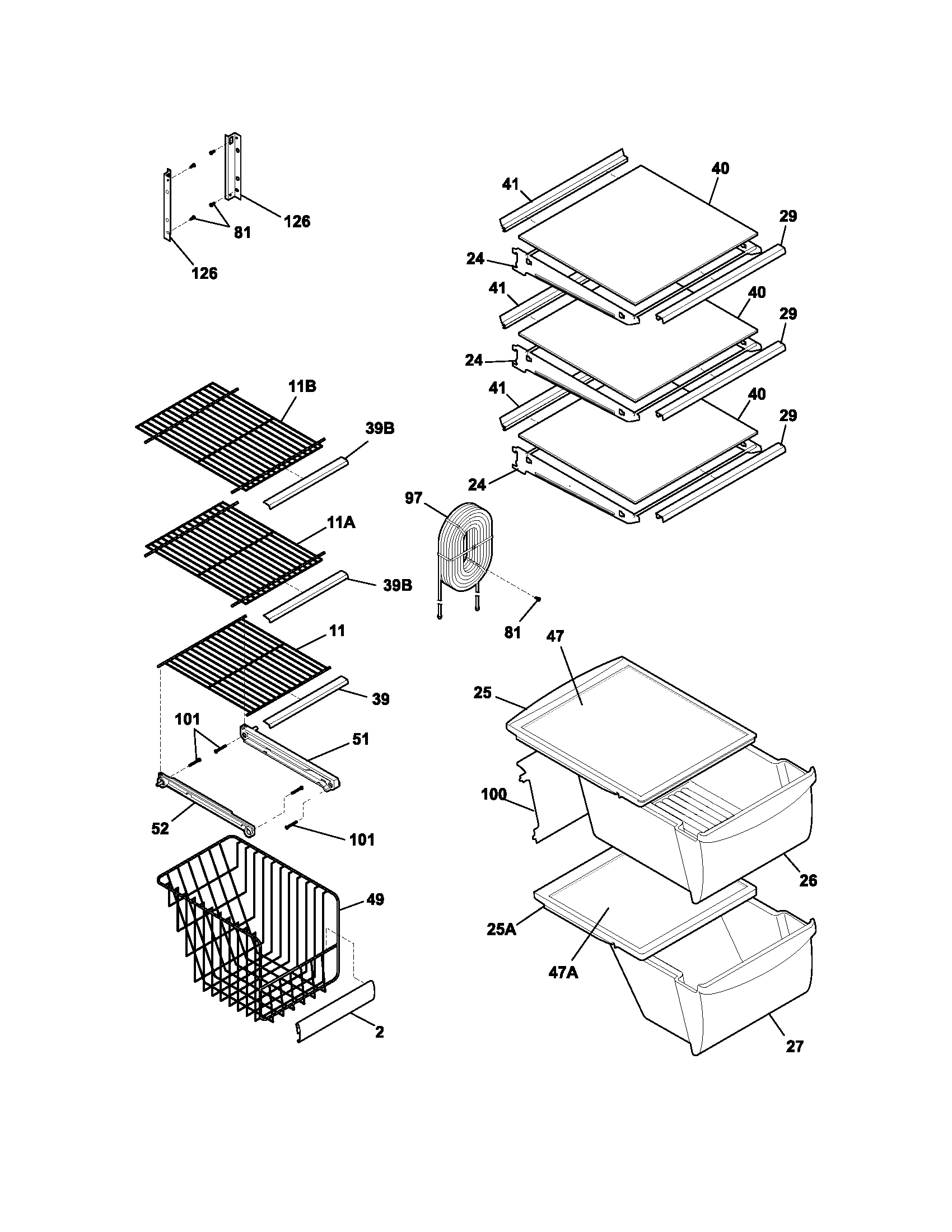 Frigidaire FRS23W3AWC shelves diagram