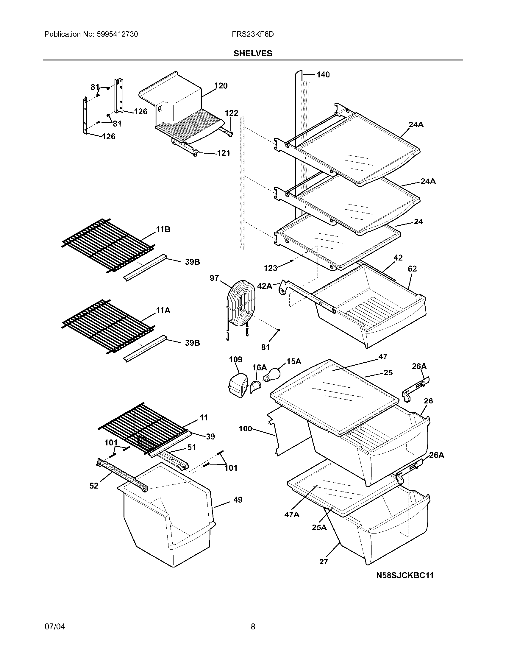 Frigidaire FRS23KF6DB0 shelves diagram