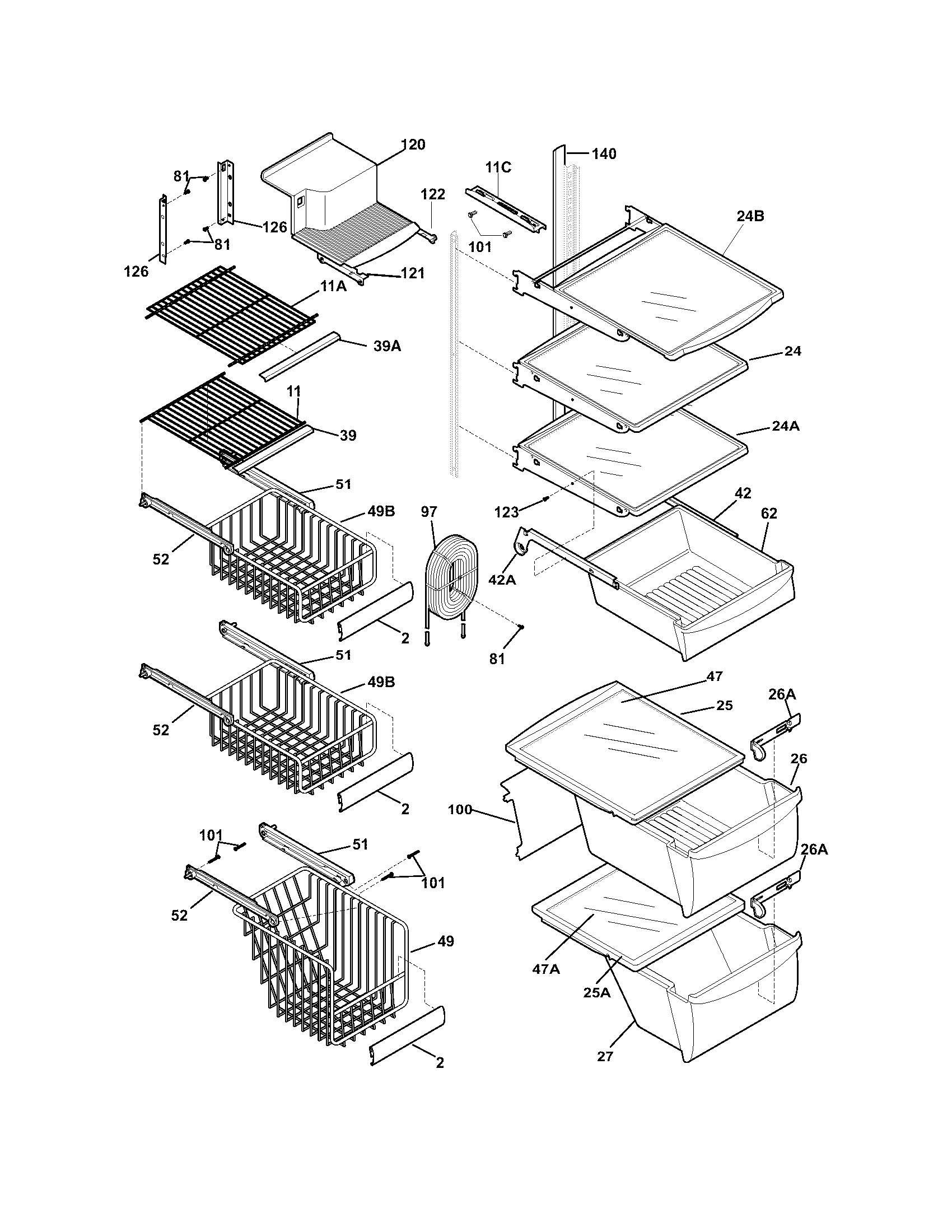 Frigidaire FRS26H5DSB0 shelves diagram
