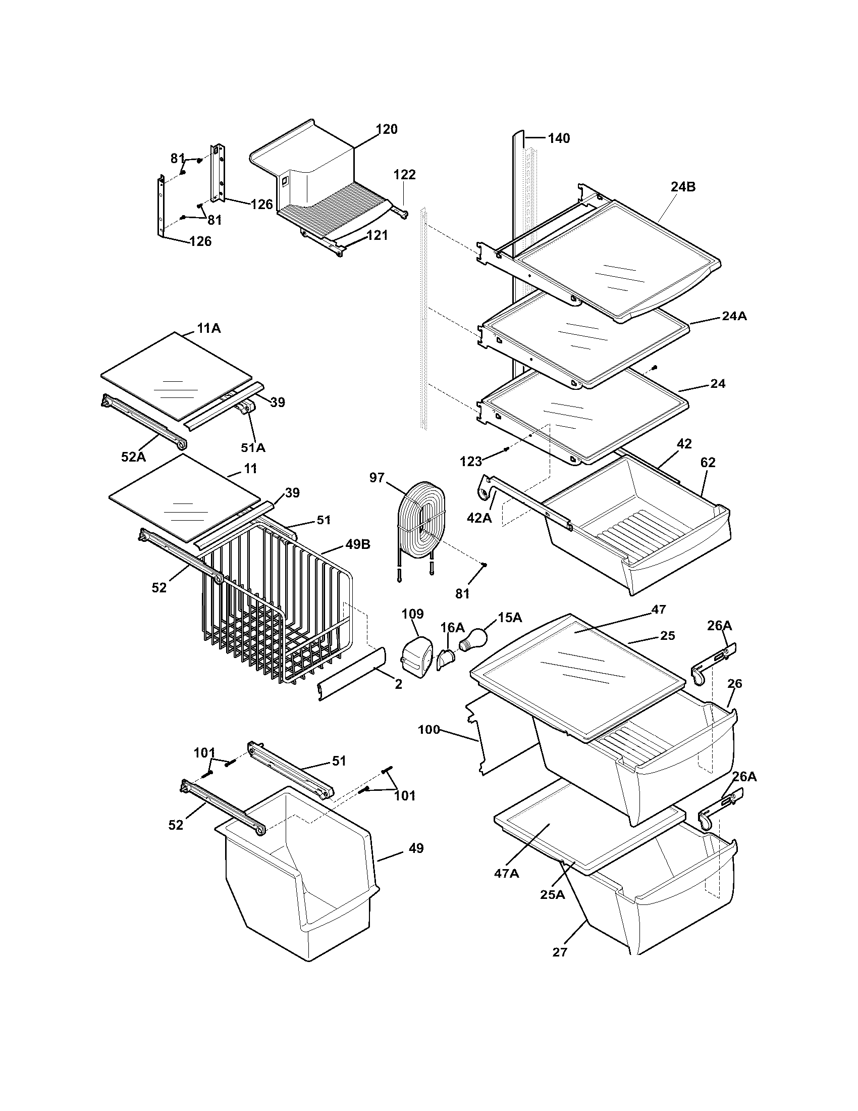 Frigidaire GLRS237ZDW0 shelves diagram