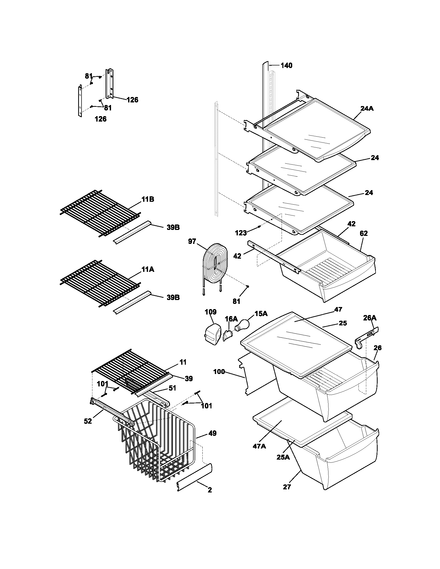 Frigidaire FRS26KF5CB3 shelves diagram