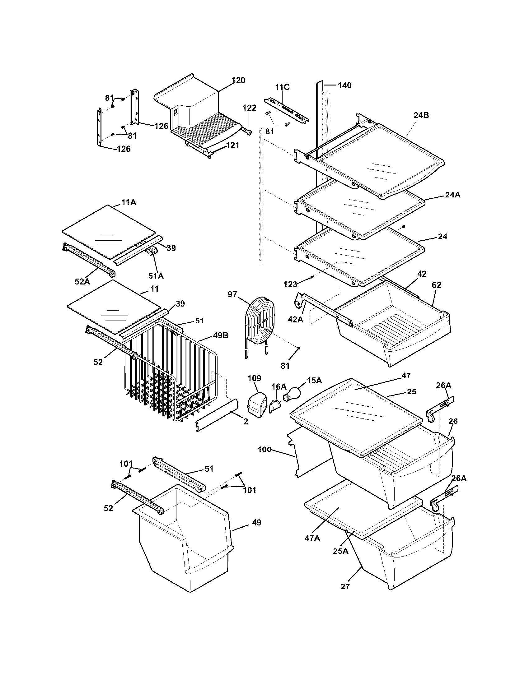 Frigidaire GLRS267ZDW1 shelves diagram