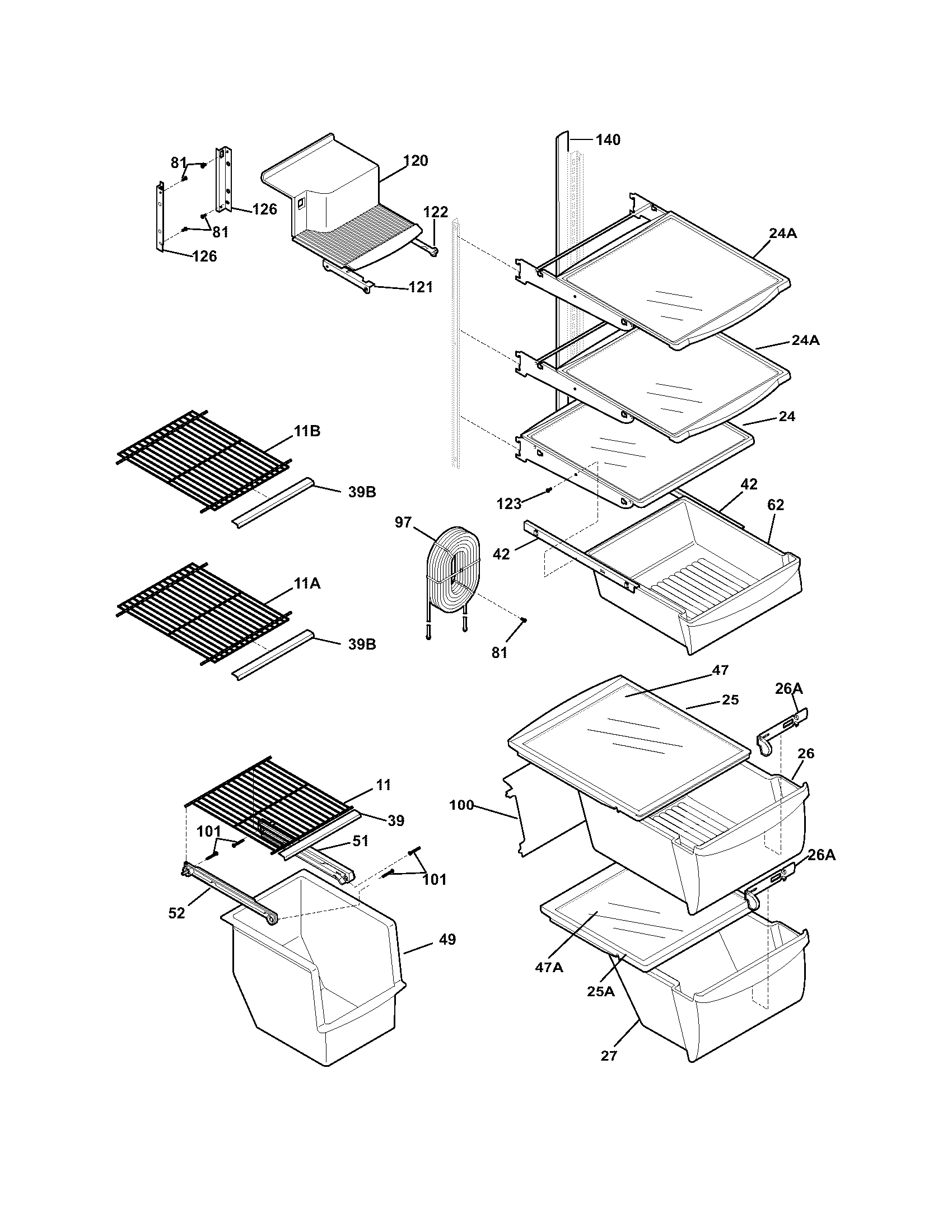 Frigidaire FRS23KF5DB1 shelves diagram