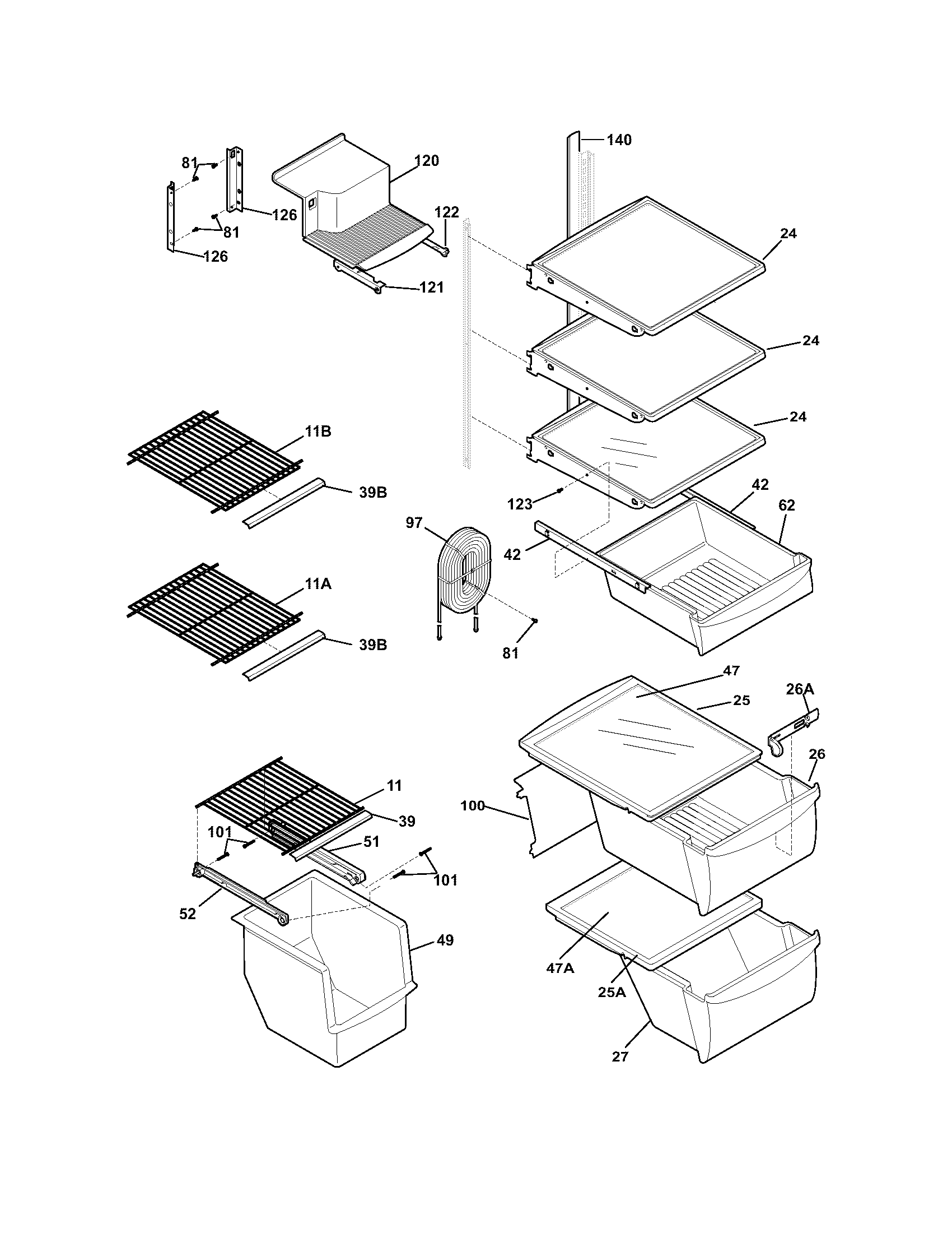 Frigidaire GLRS233ZDW2 shelves diagram