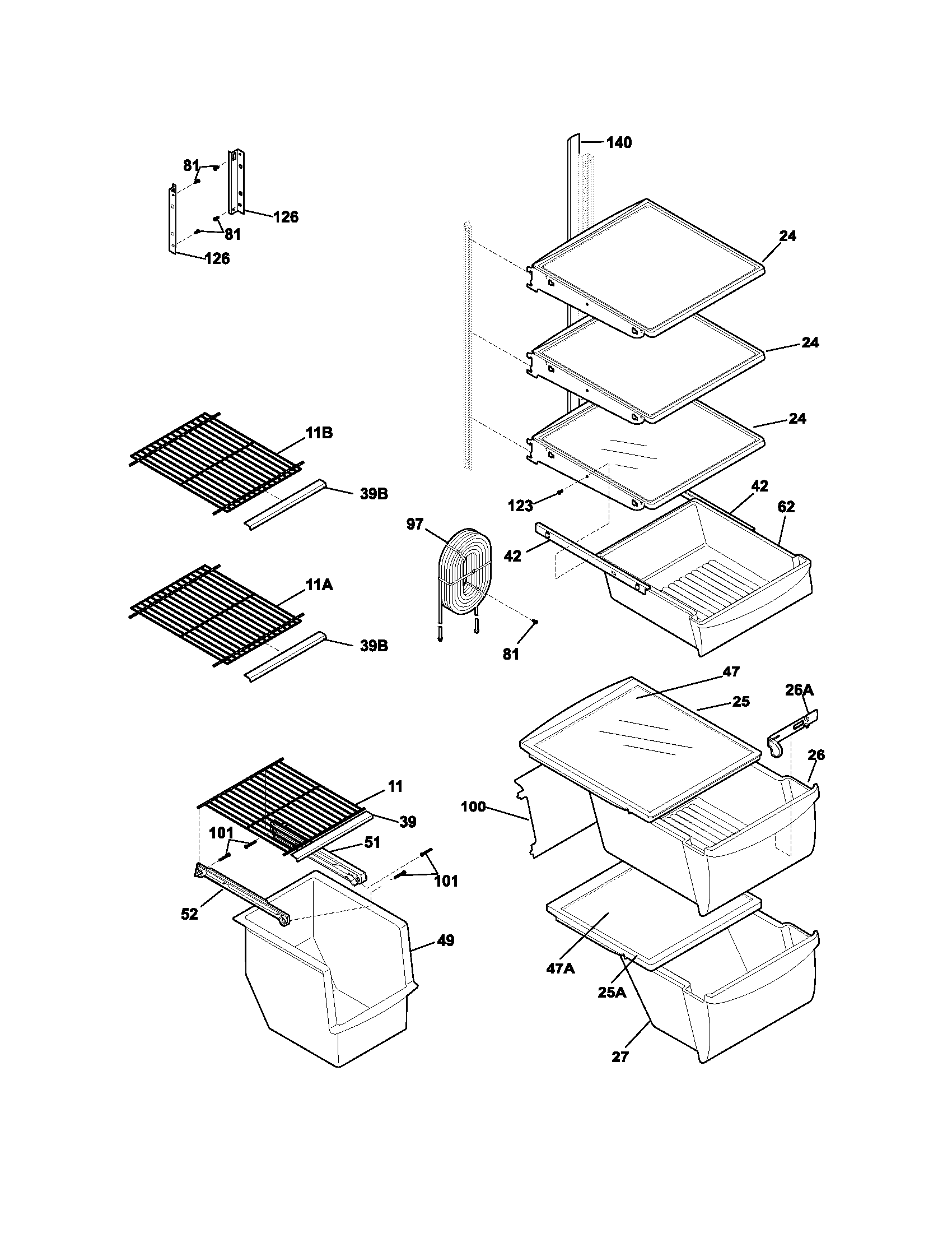 Frigidaire FRS26R4CW5 shelves diagram