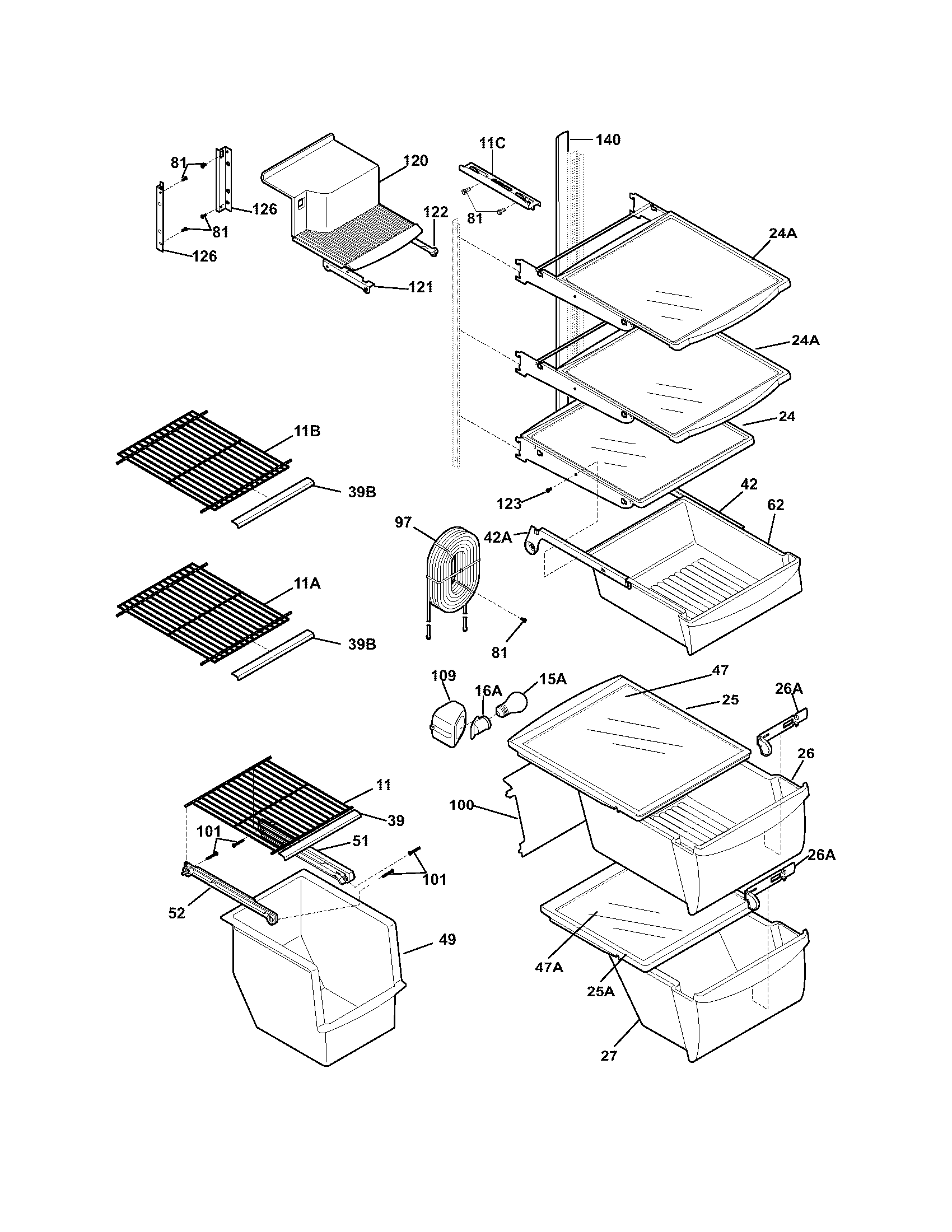 Frigidaire FRS26KF6DQ1 shelves diagram