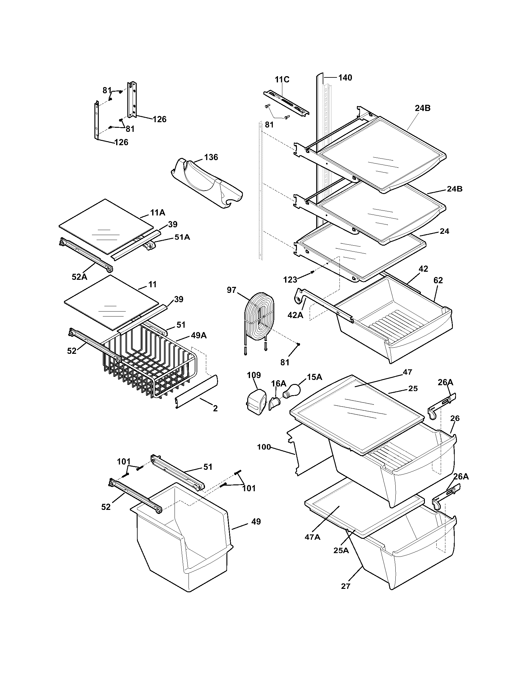 Frigidaire FRS26LF7DS2 shelves diagram