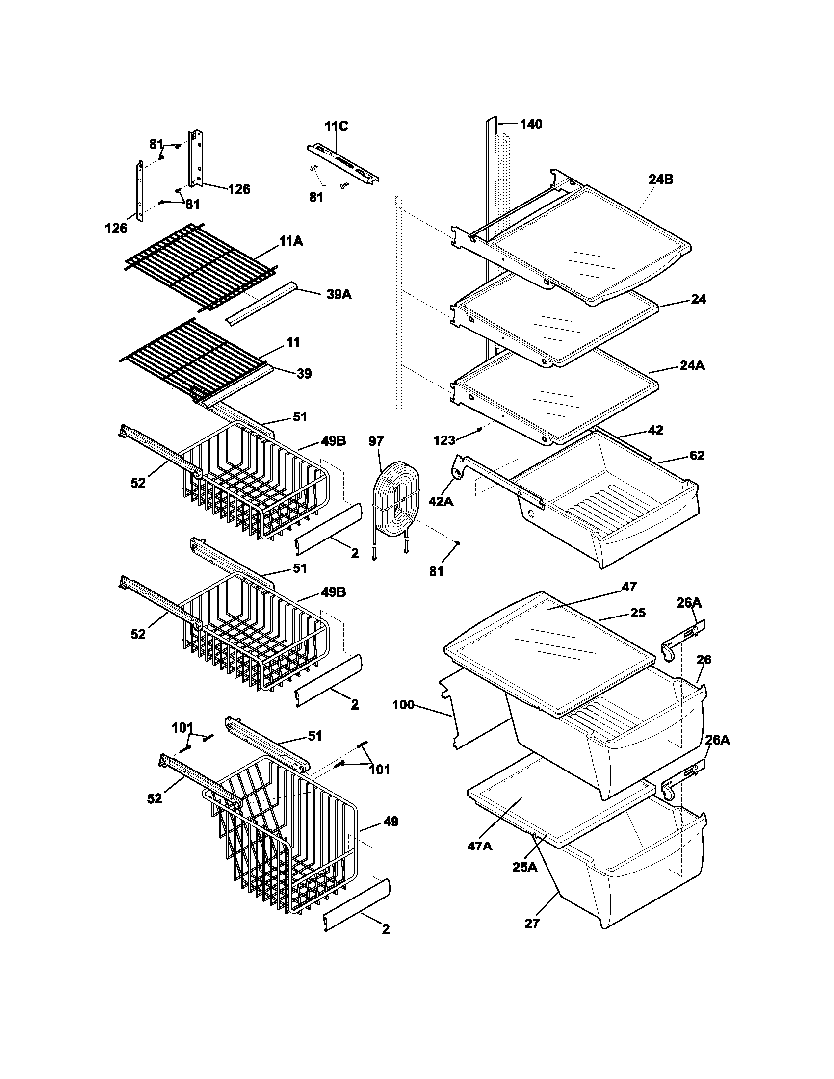 White-Westinghouse WRS26MF5AW9 shelves diagram