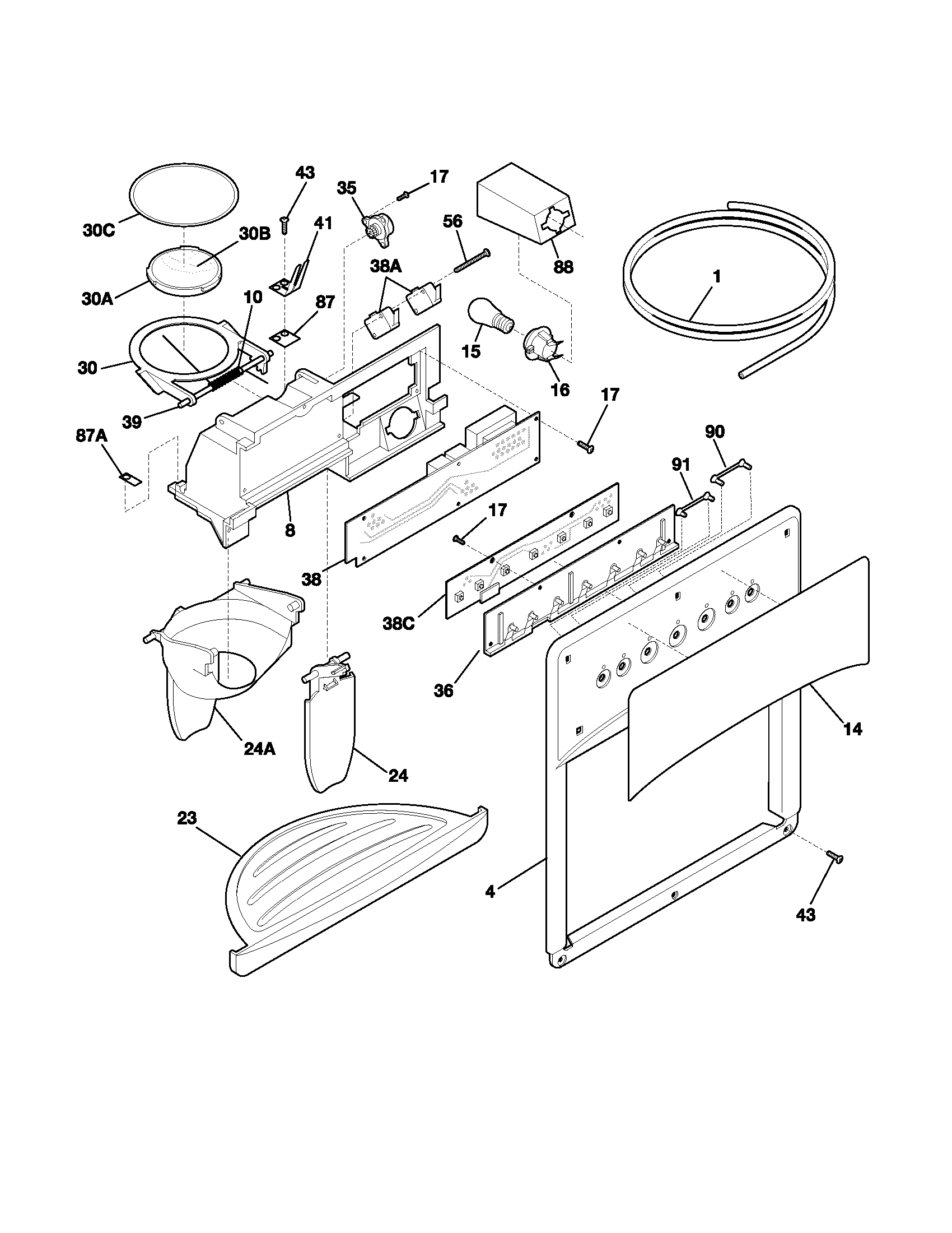 White-Westinghouse WRS26MF5AW9 ice & water dispenser diagram