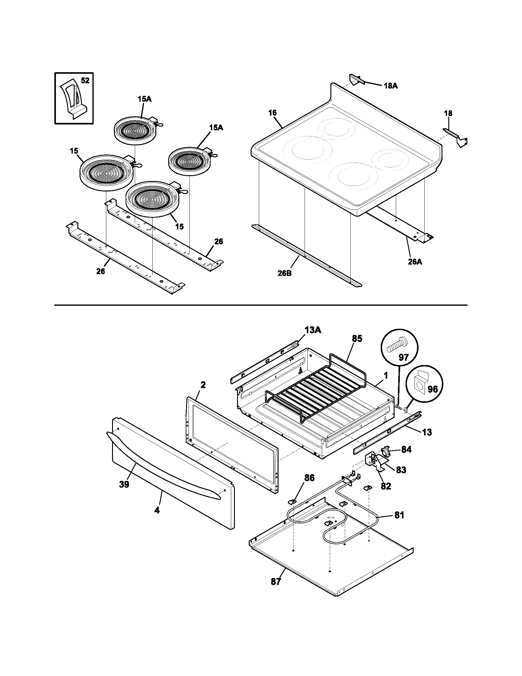 Frigidaire PLEF398DCA top/drawer diagram
