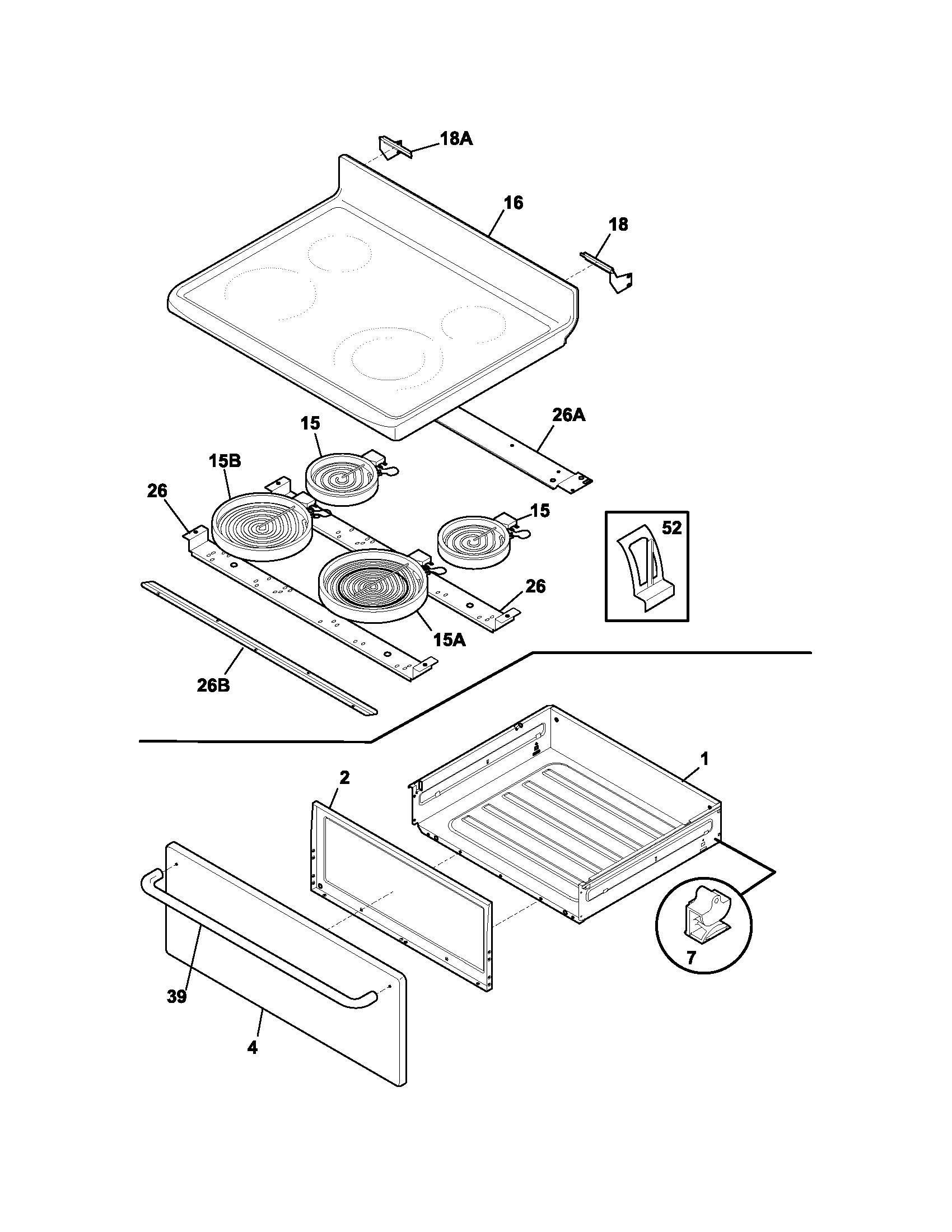 Frigidaire GLEF369DCA top/drawer diagram