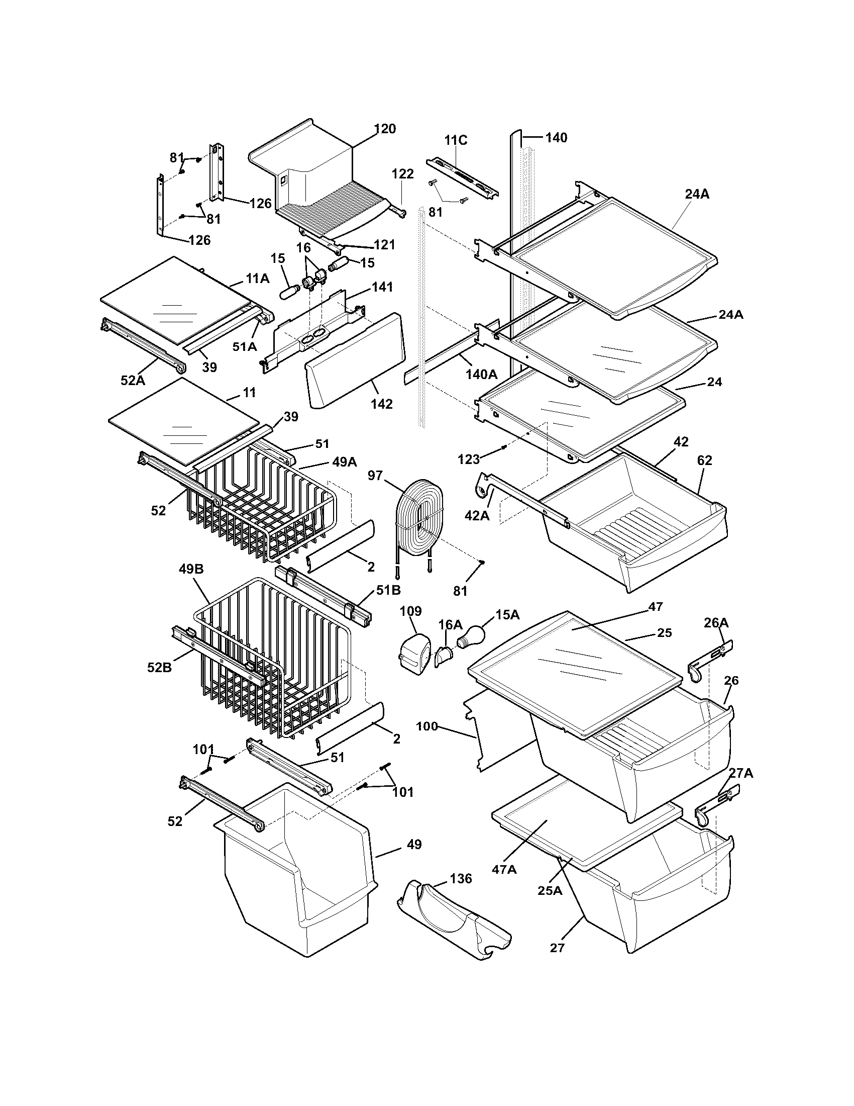Frigidaire FRS26DR7DS3 shelves diagram