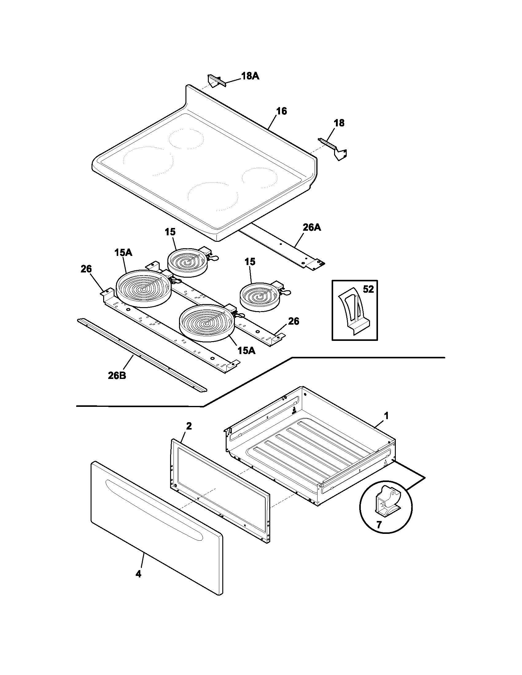 Frigidaire FEF366DQB top/drawer diagram