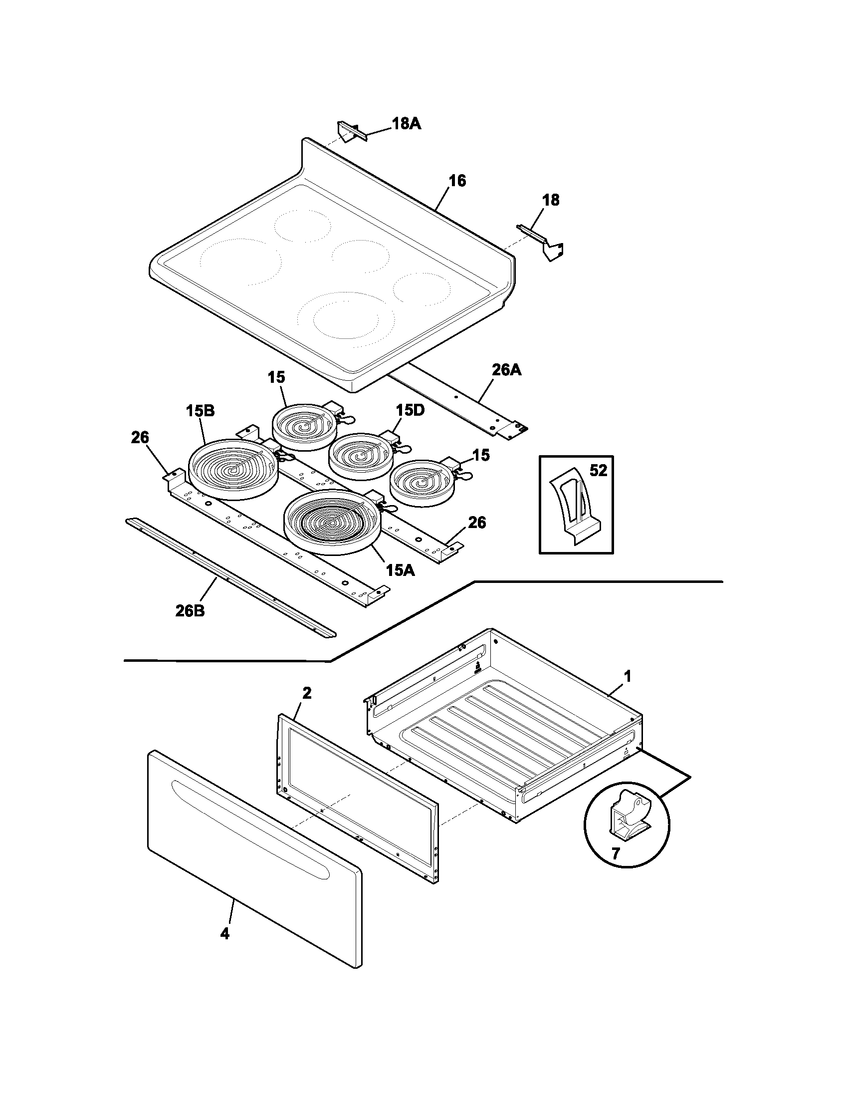 Frigidaire FEFL79DSA top/drawer diagram