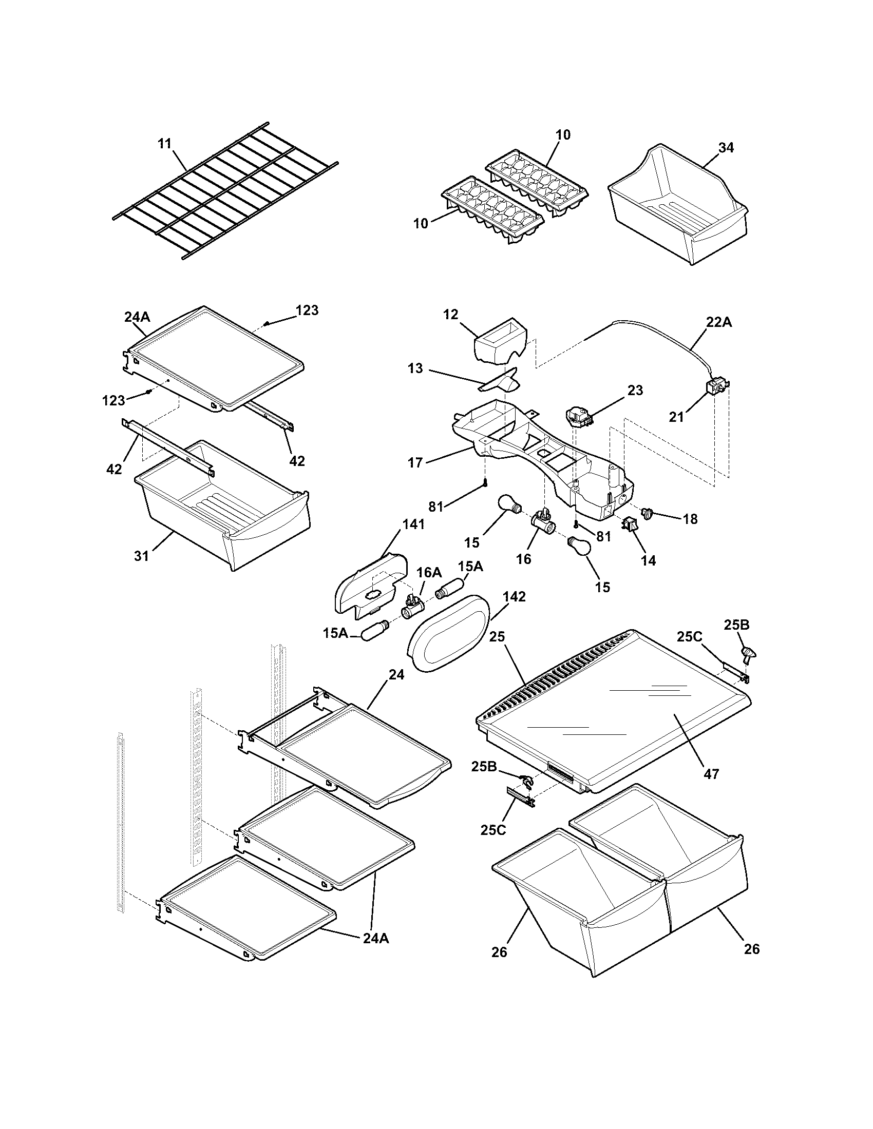 Frigidaire GLRT217TDW0 shelves diagram