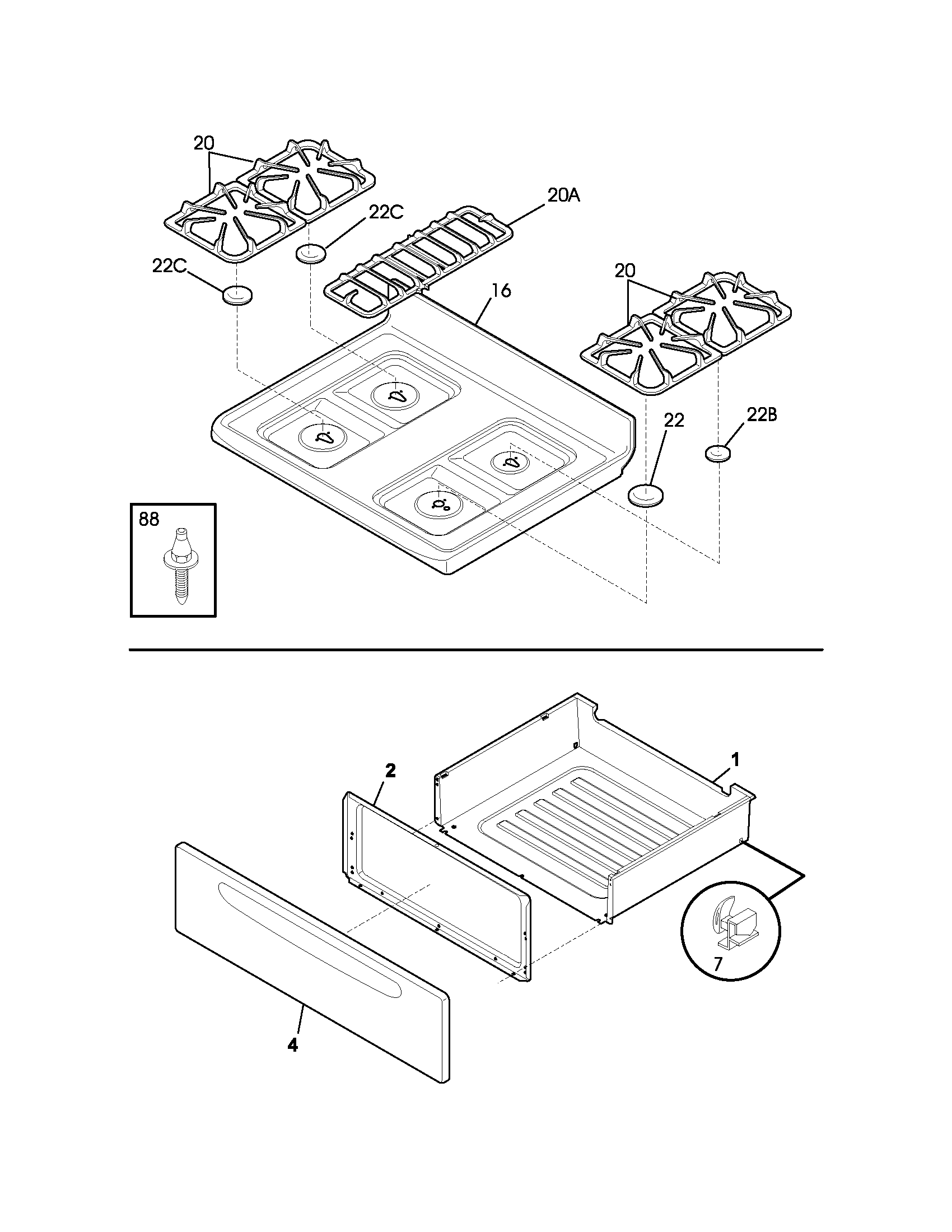 Frigidaire FGFB68CSE top/drawer diagram