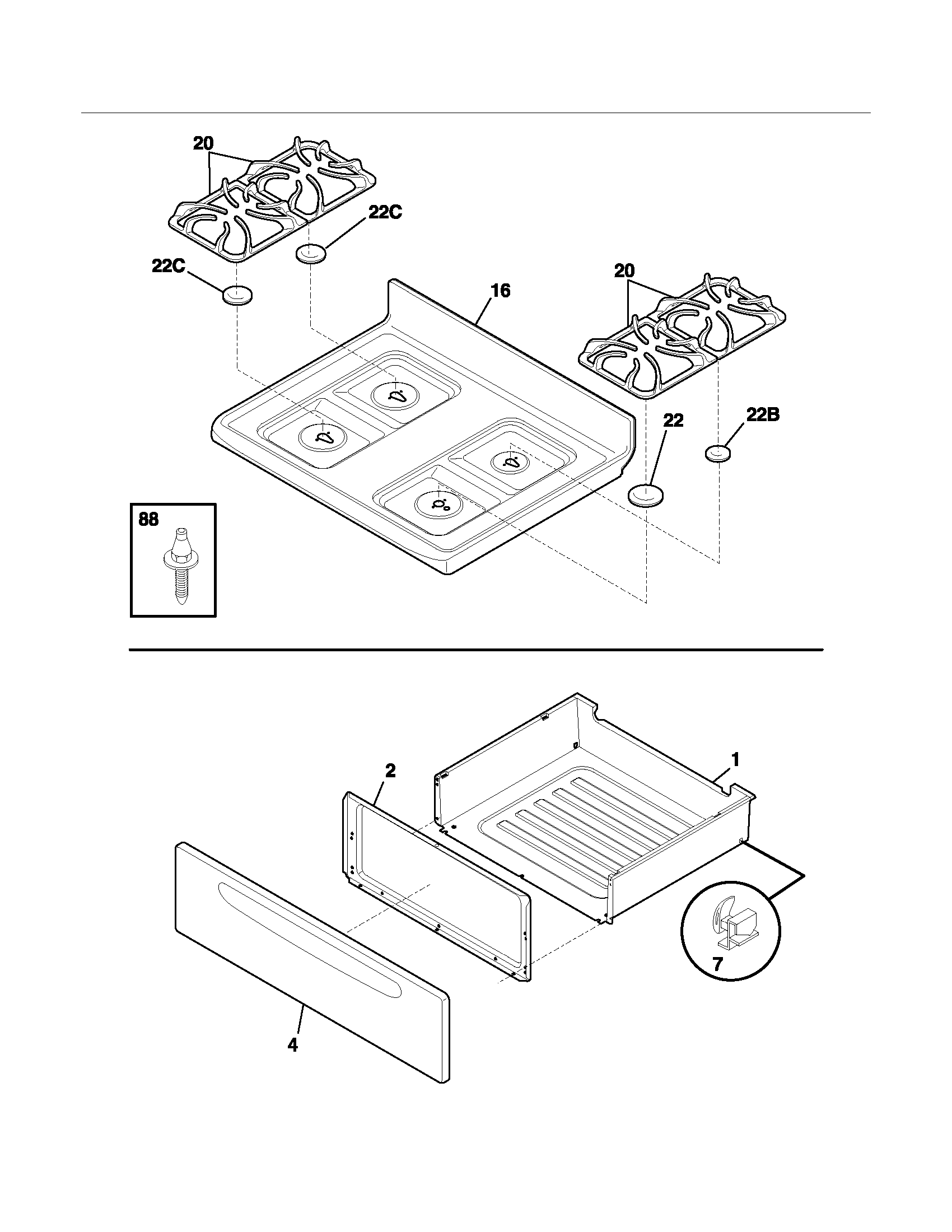 Frigidaire GLGF377CQE top/drawer diagram