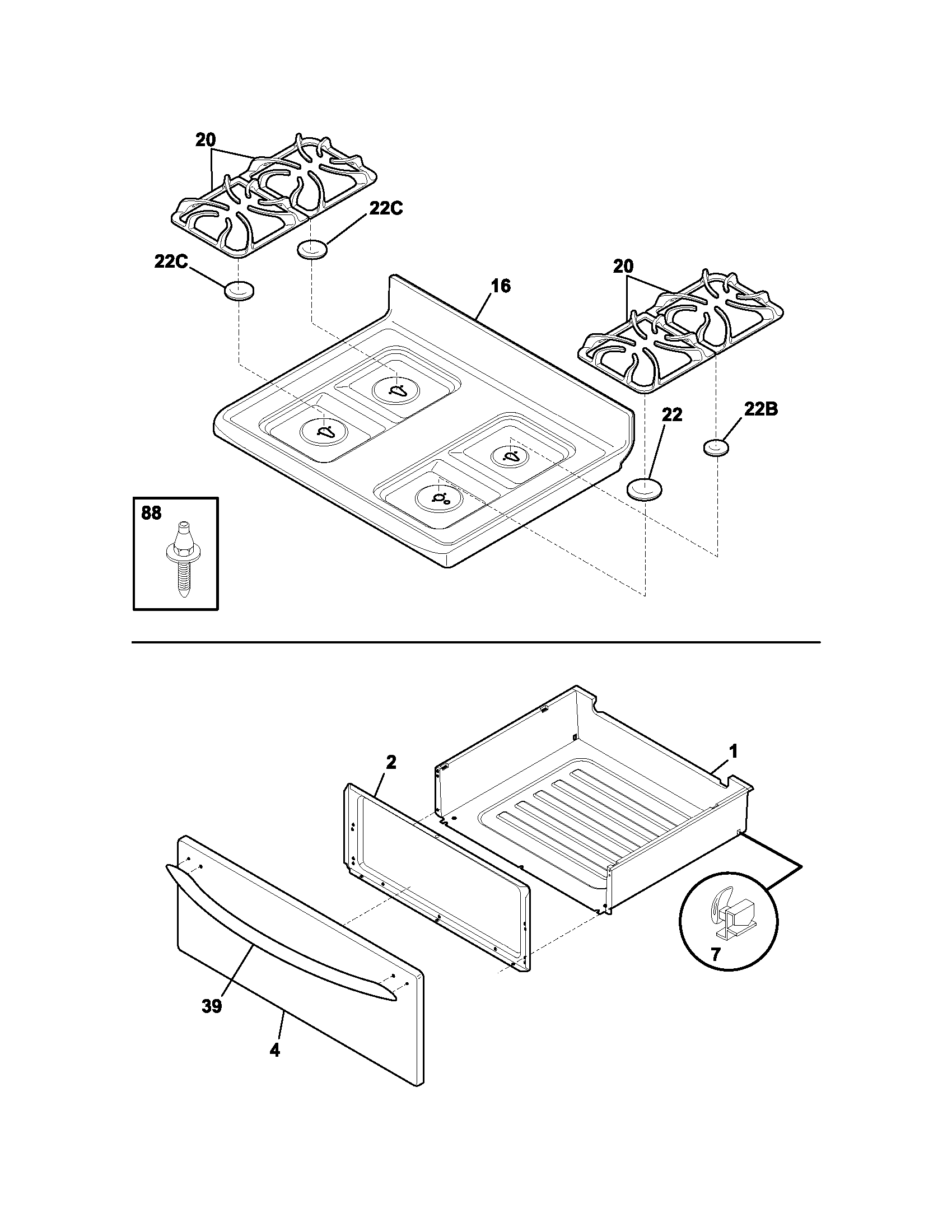 Frigidaire FGF380MXDCA top/drawer diagram