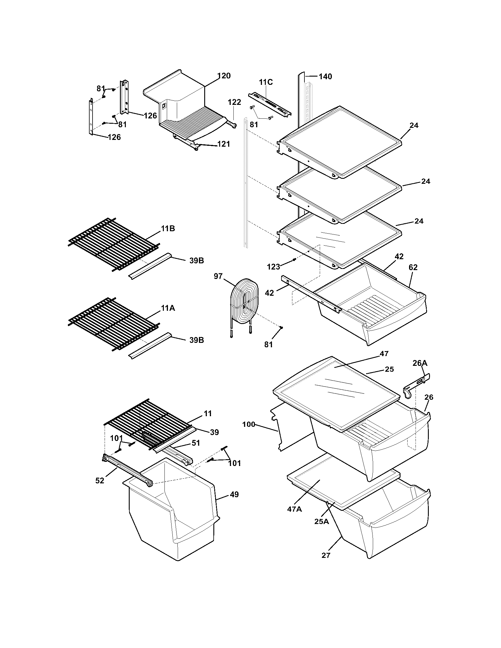 Frigidaire GLRS263ZDQ4 shelves diagram