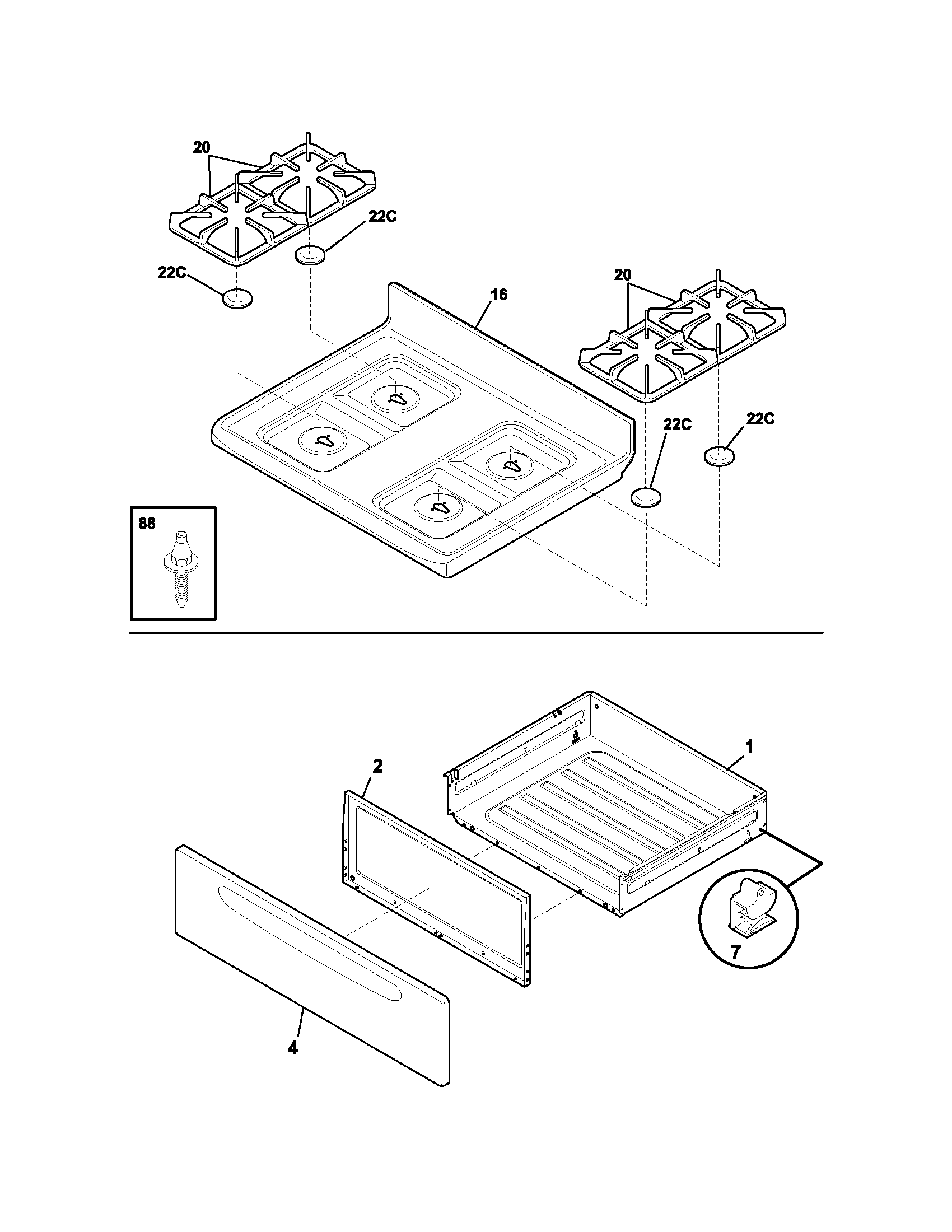 Frigidaire FGF355DUA top/drawer diagram