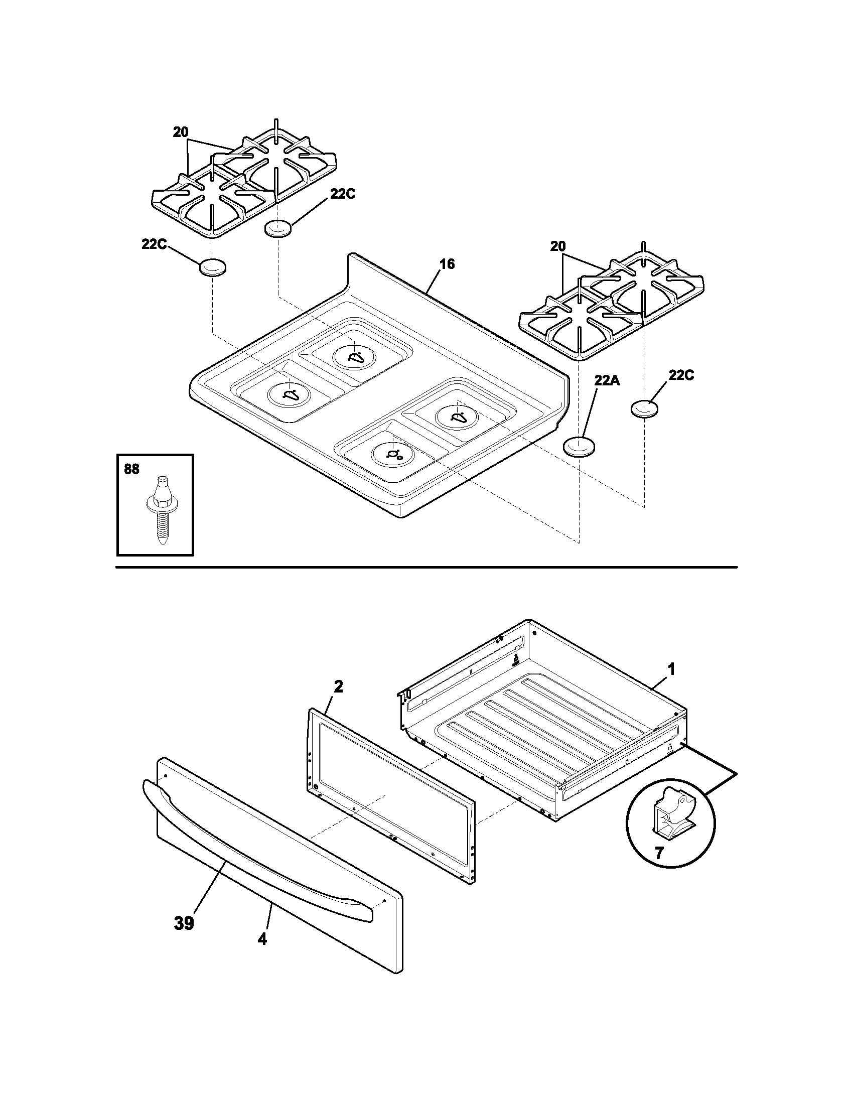 Frigidaire FGFL67DCA top/drawer diagram