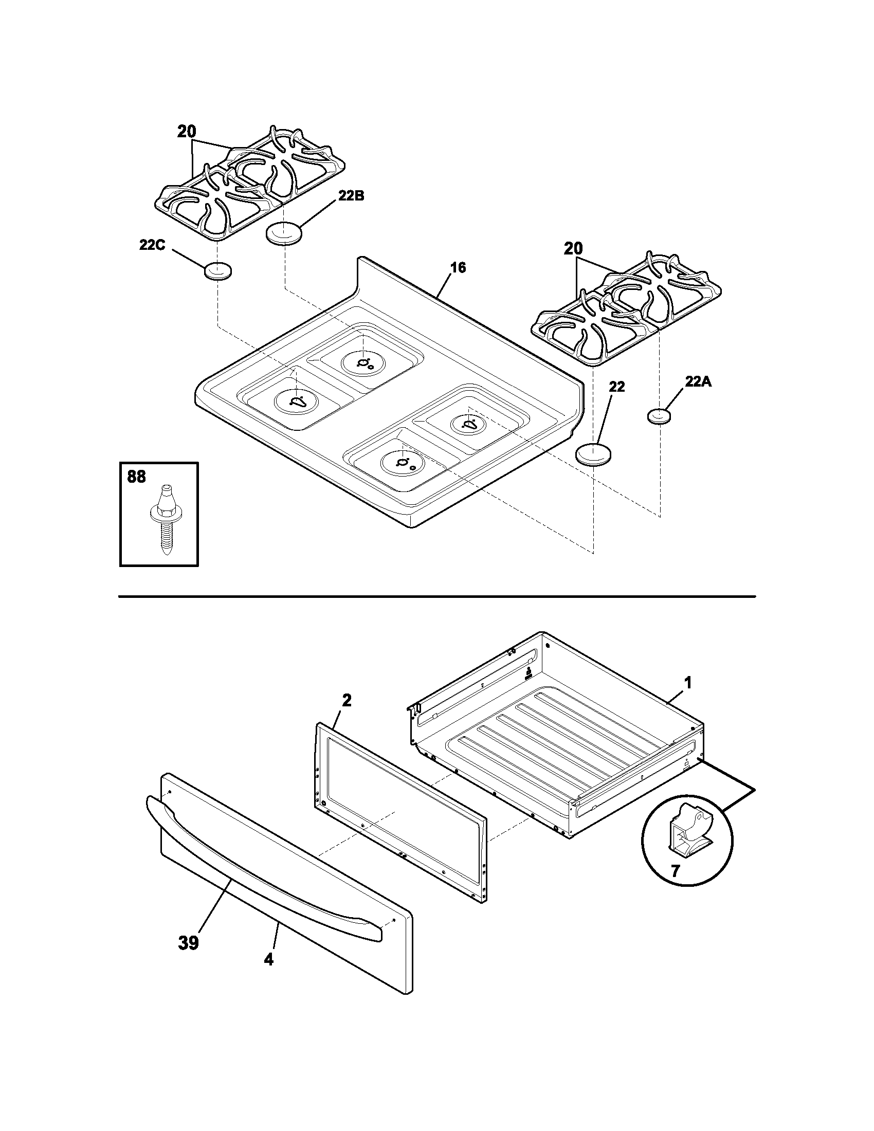 Frigidaire GLGFS75DCA top/drawer diagram