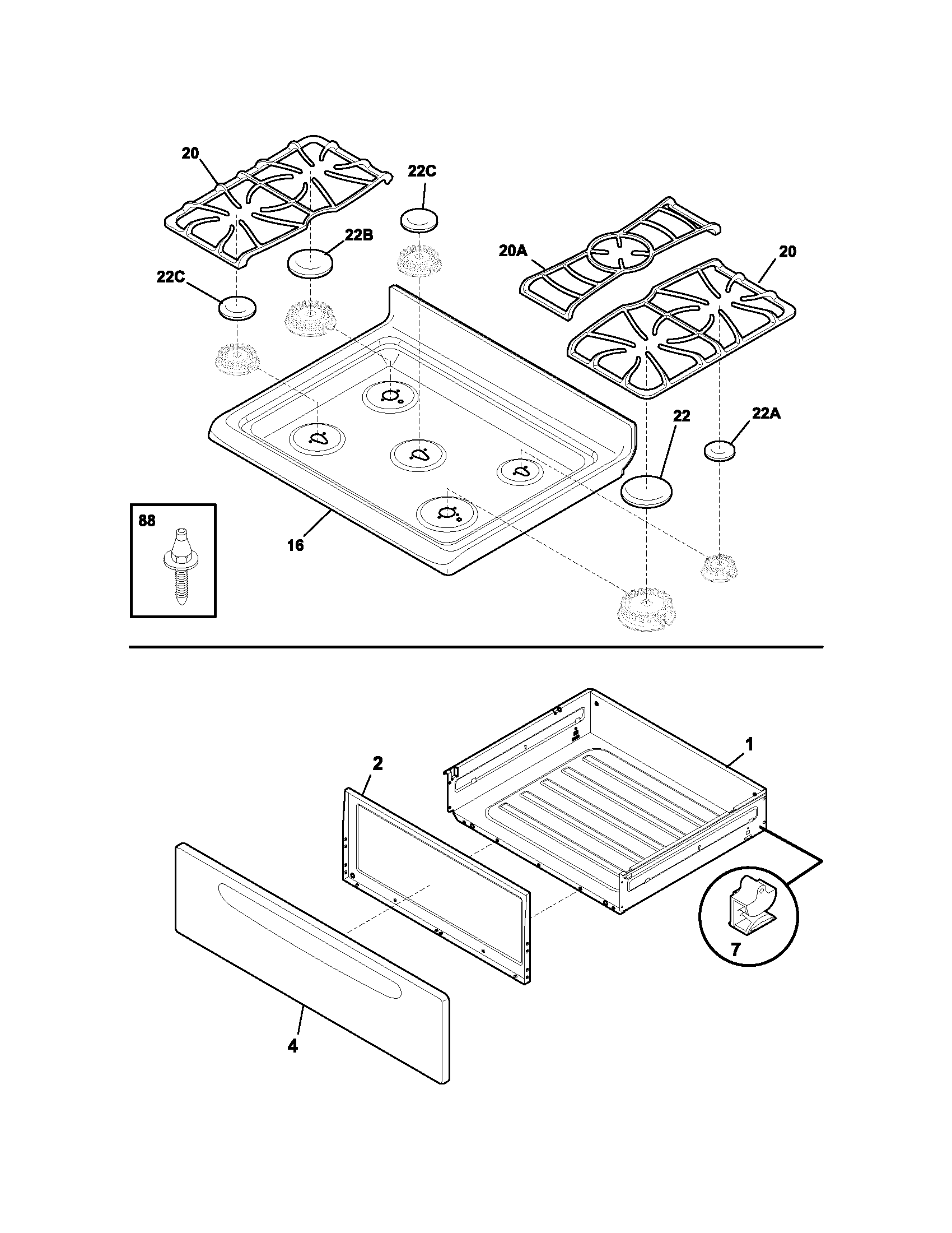 Frigidaire FGFL87DQA top/drawer diagram