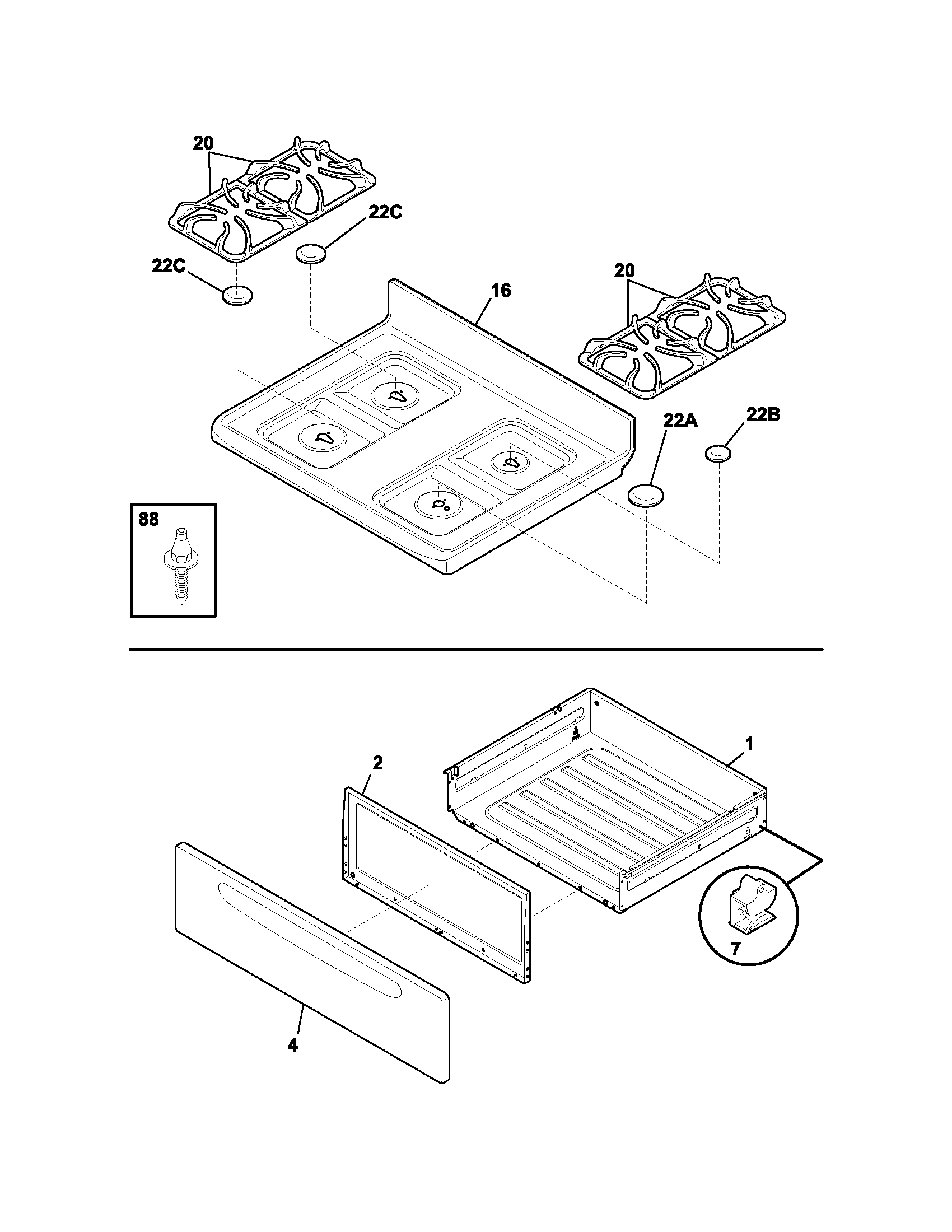 Frigidaire GLGF376DBA top/drawer diagram