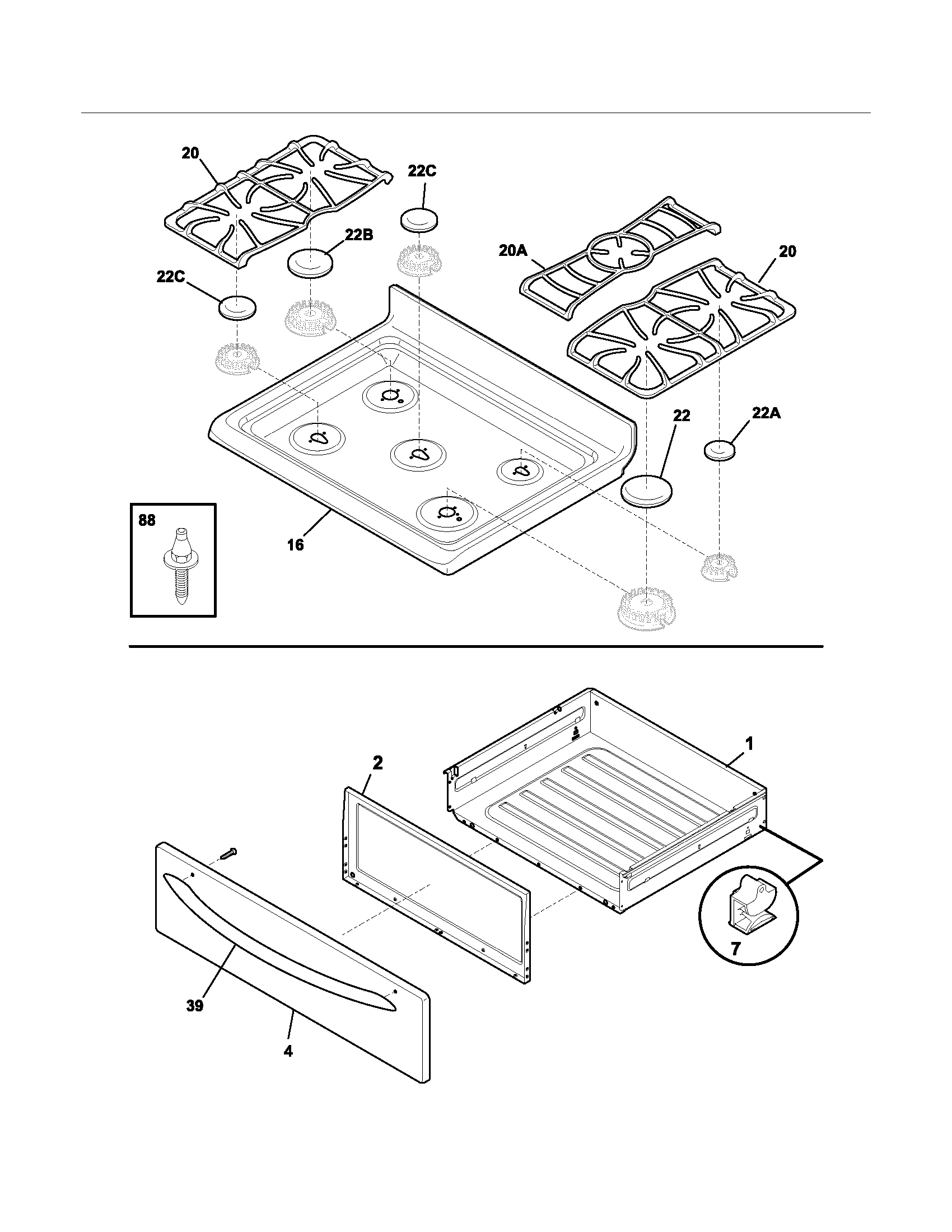 Frigidaire FGFB86DCA top/drawer diagram