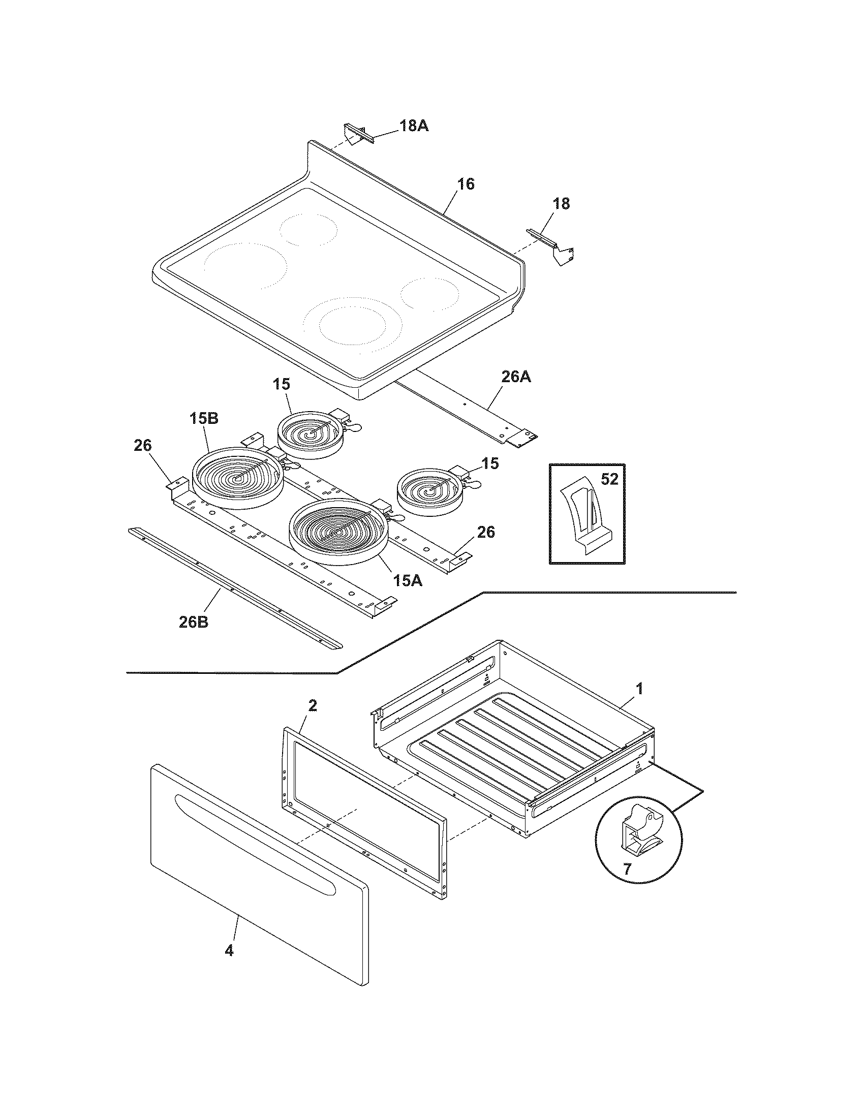 Frigidaire GLEF369DQB top/drawer diagram