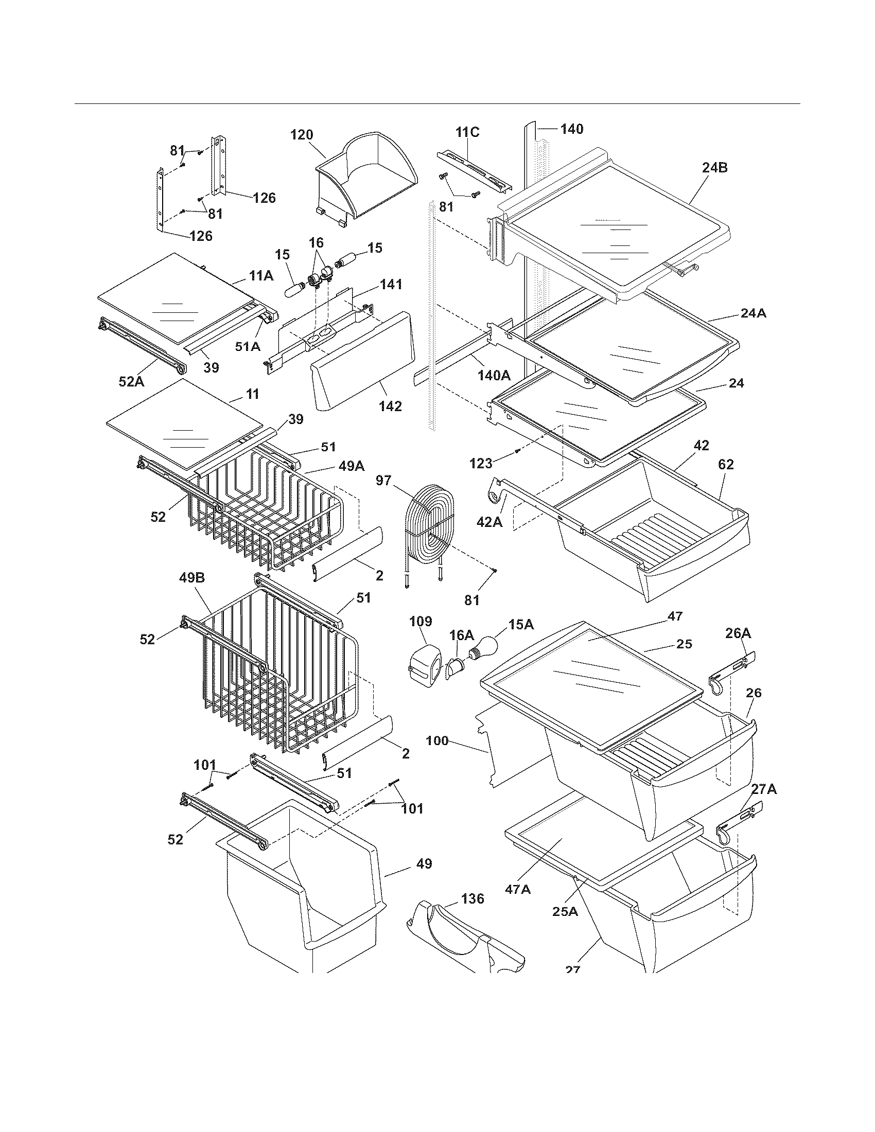 Frigidaire FRS26LF8CS4 shelves diagram