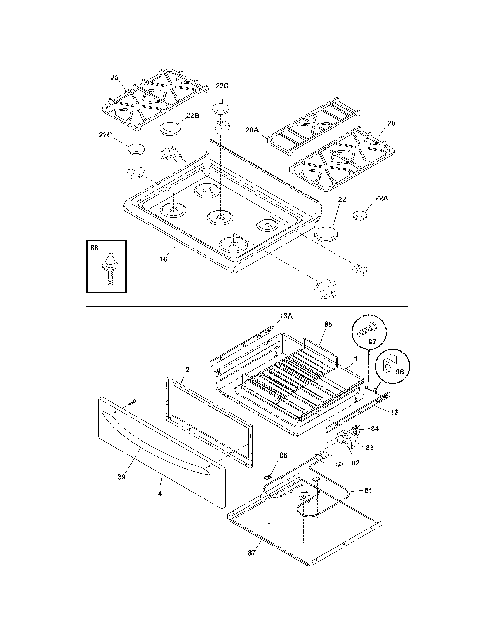 Frigidaire PLGF390DCB top/drawer diagram