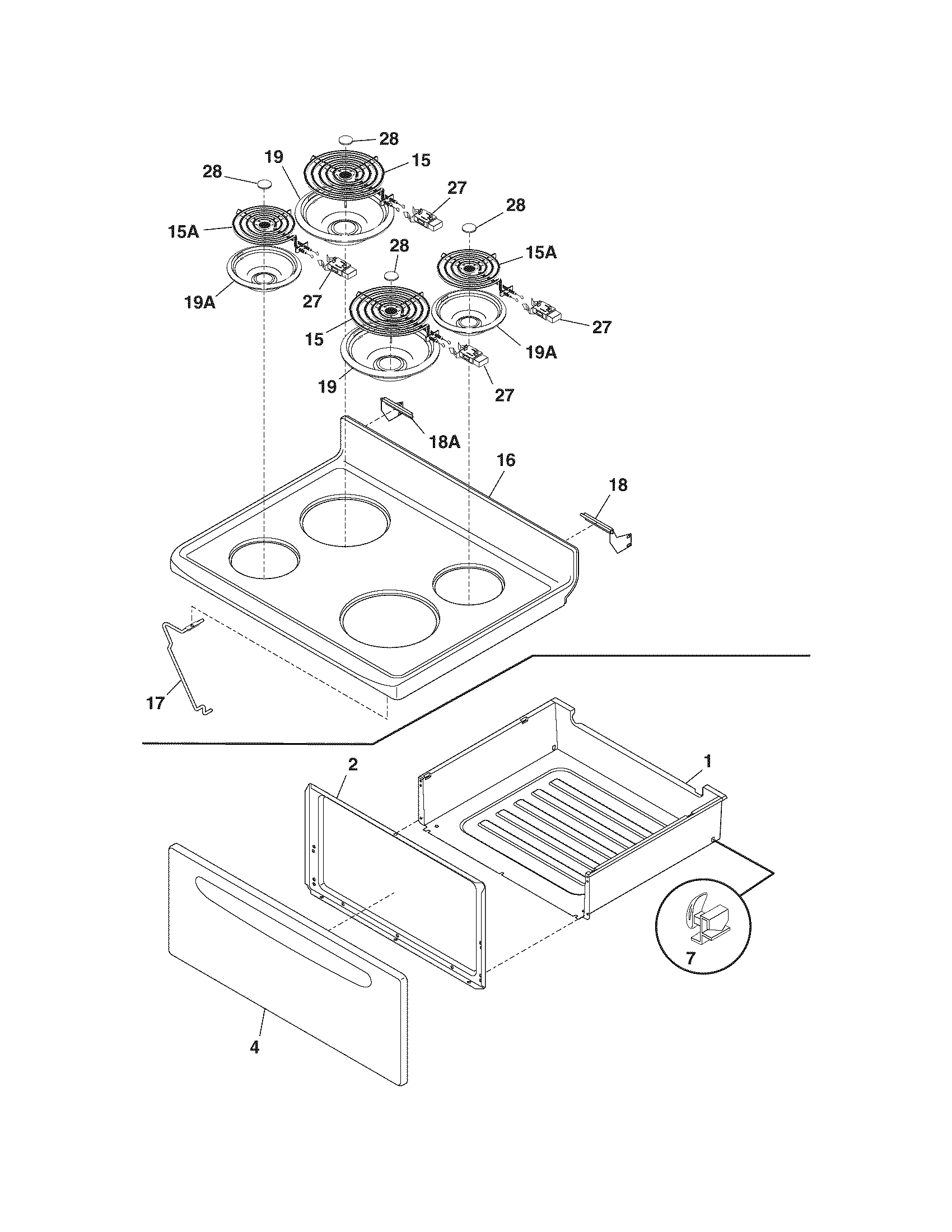 Tappan TEF350DSA top/drawer diagram