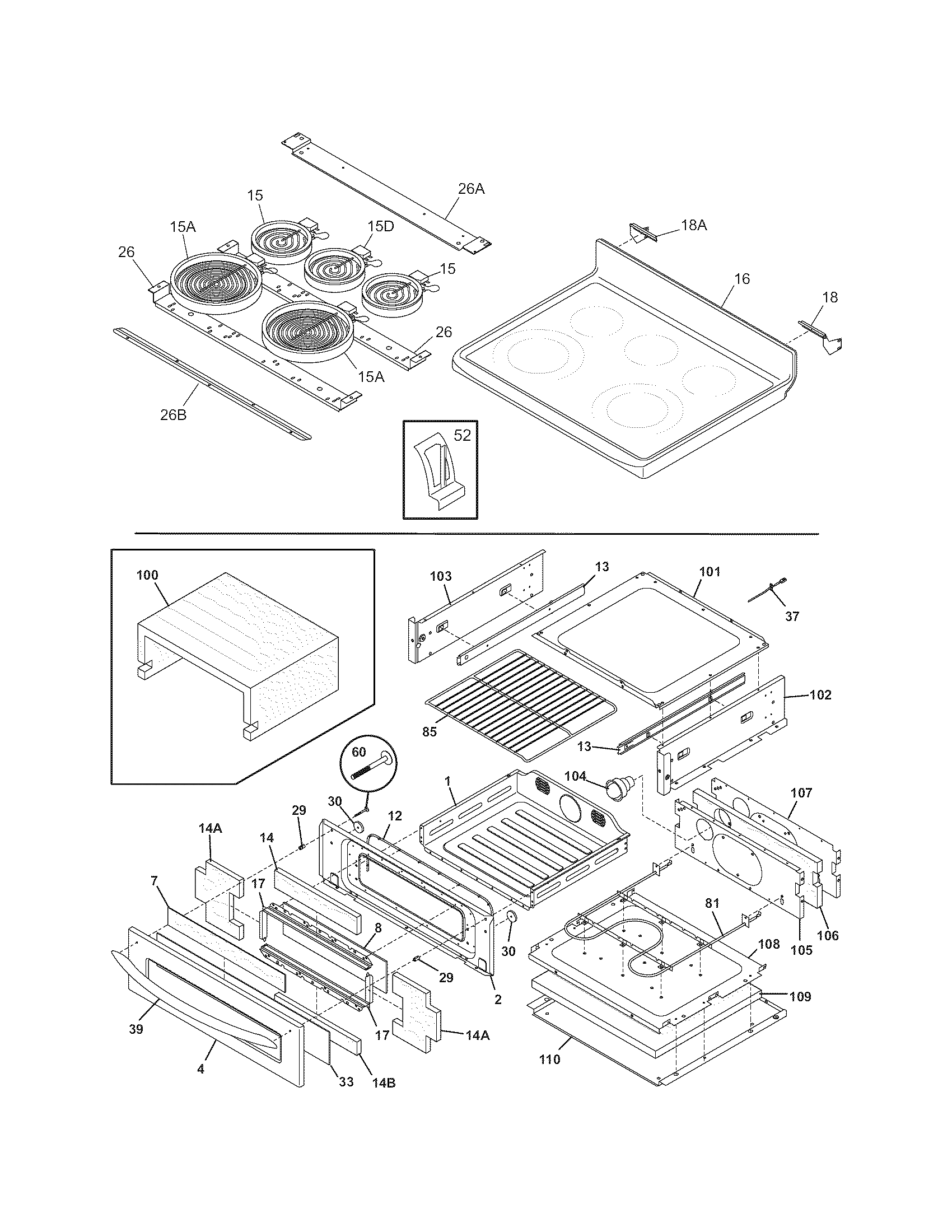 Frigidaire FEFB7ABDCB top/drawer diagram