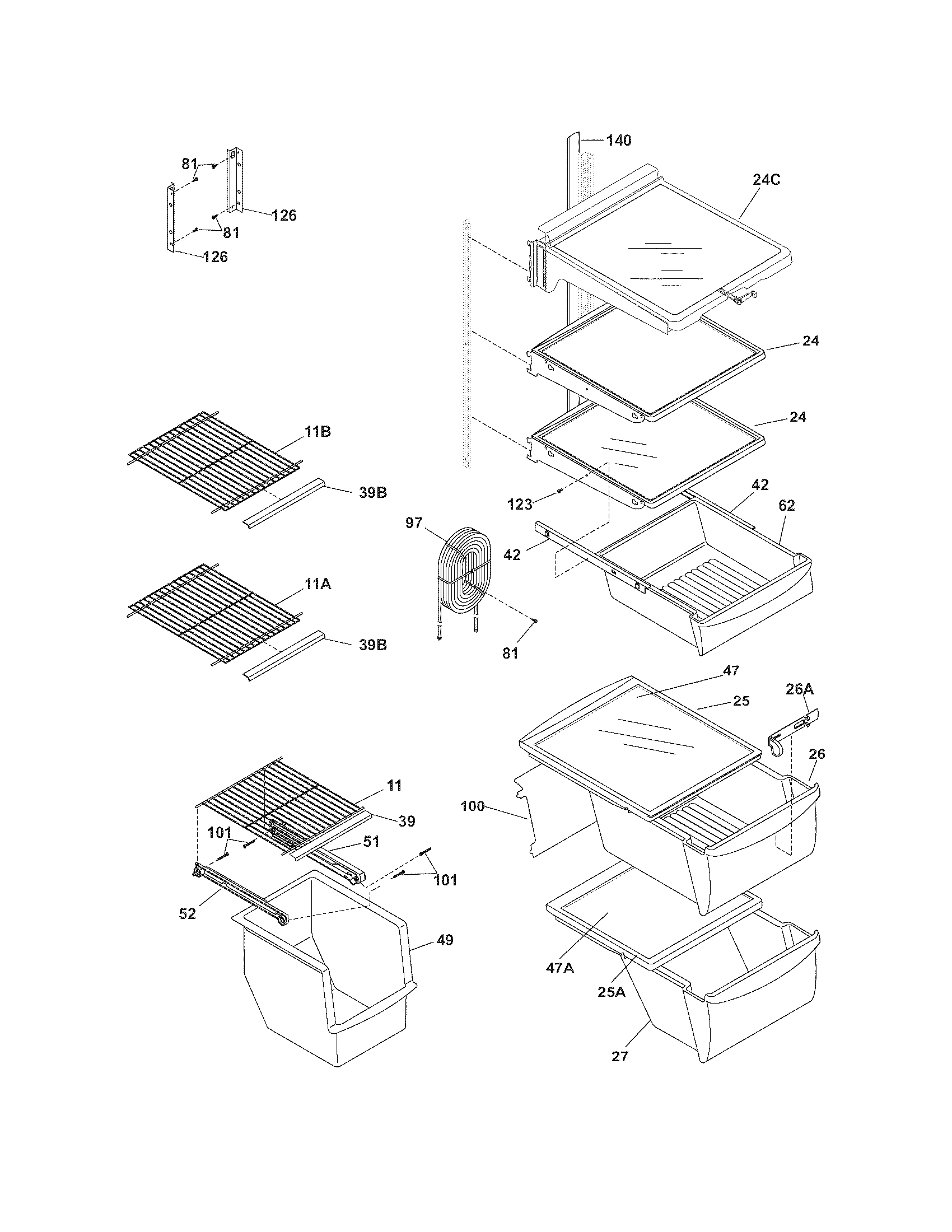 Frigidaire FRS26FCDW5 shelves diagram
