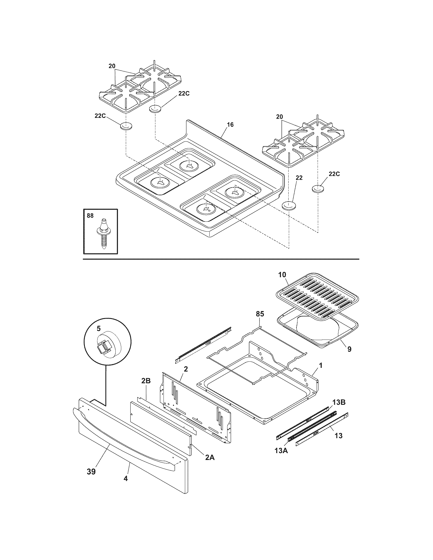 Frigidaire FGF337BCF top/drawer diagram
