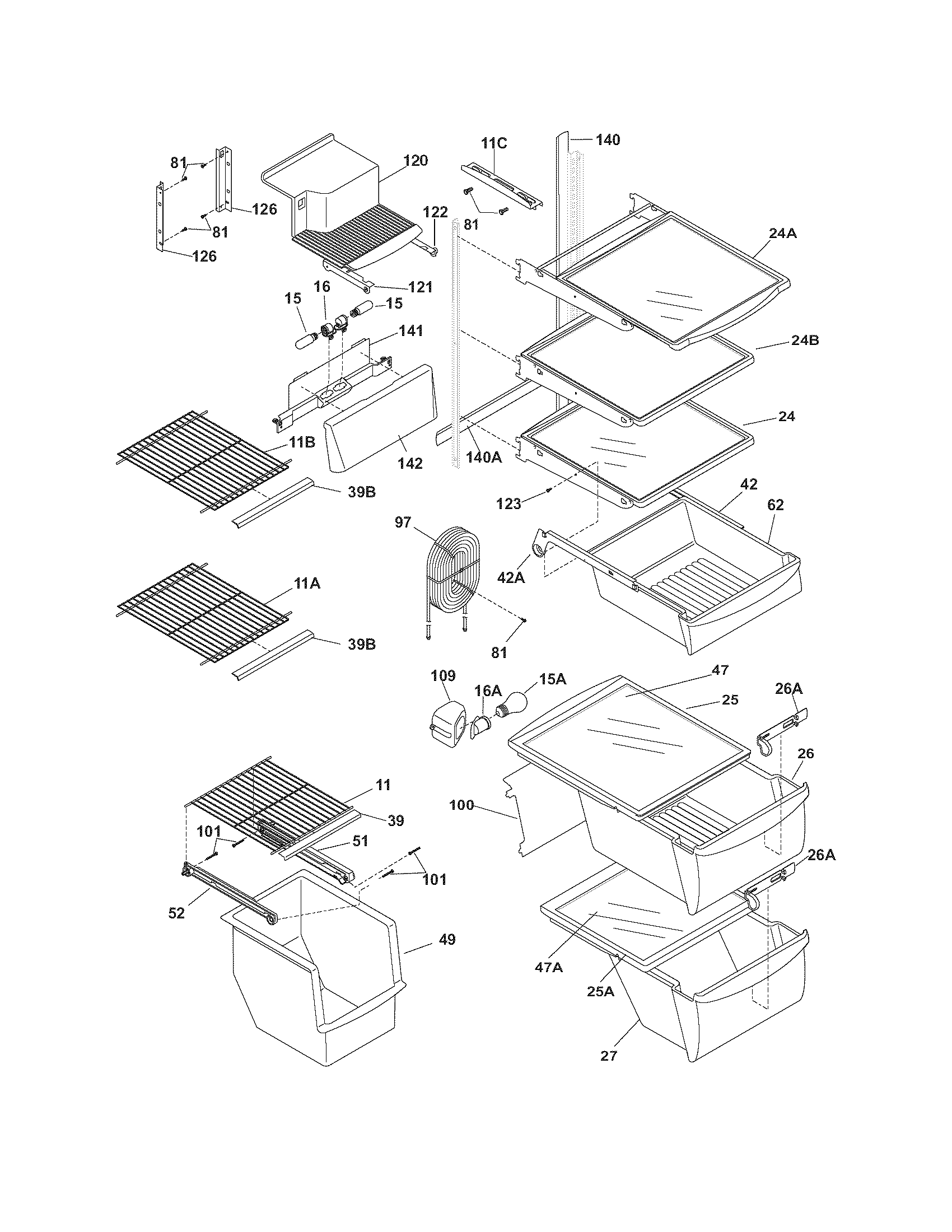 Frigidaire FRS26TS6DW3 shelves diagram