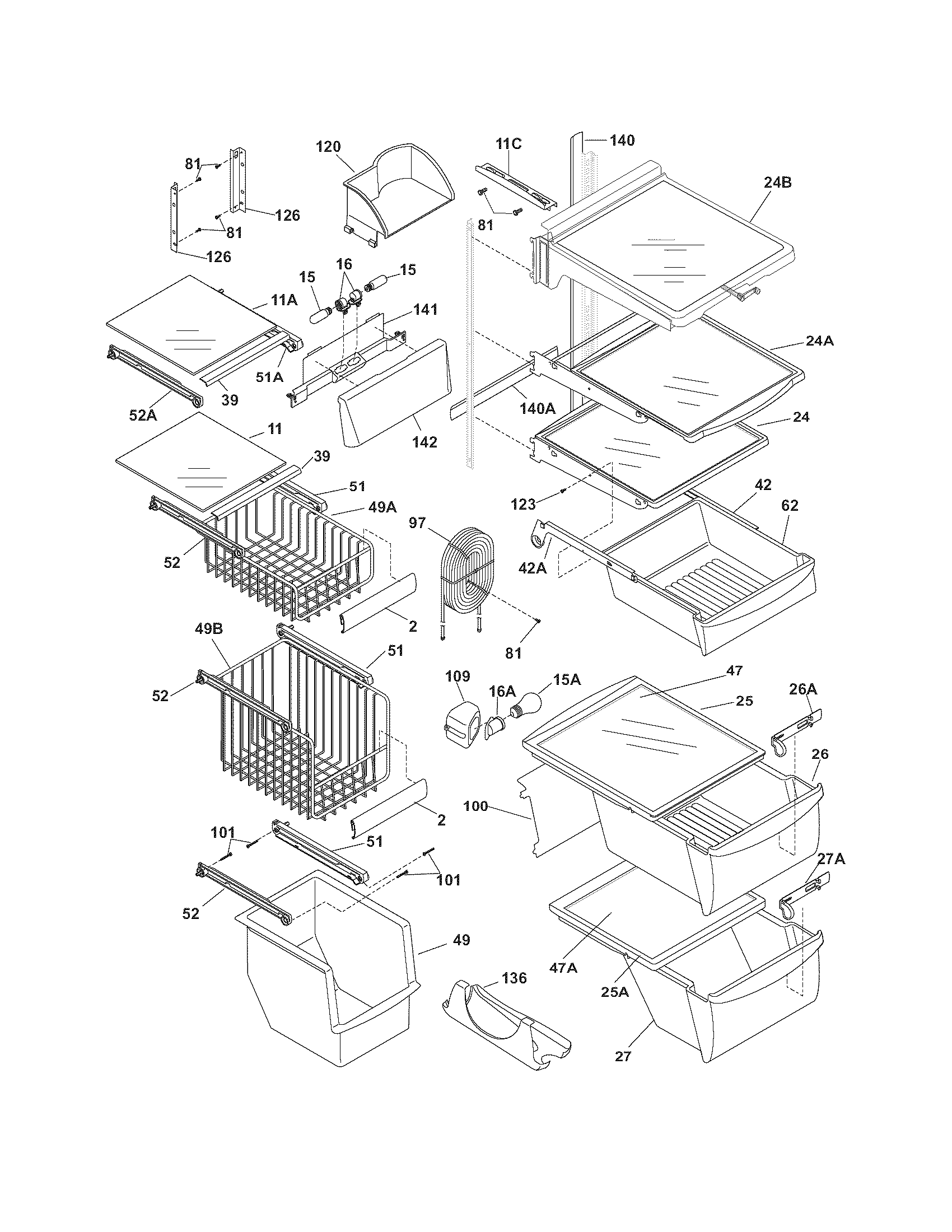 Frigidaire FRS26LF8CSN shelves diagram