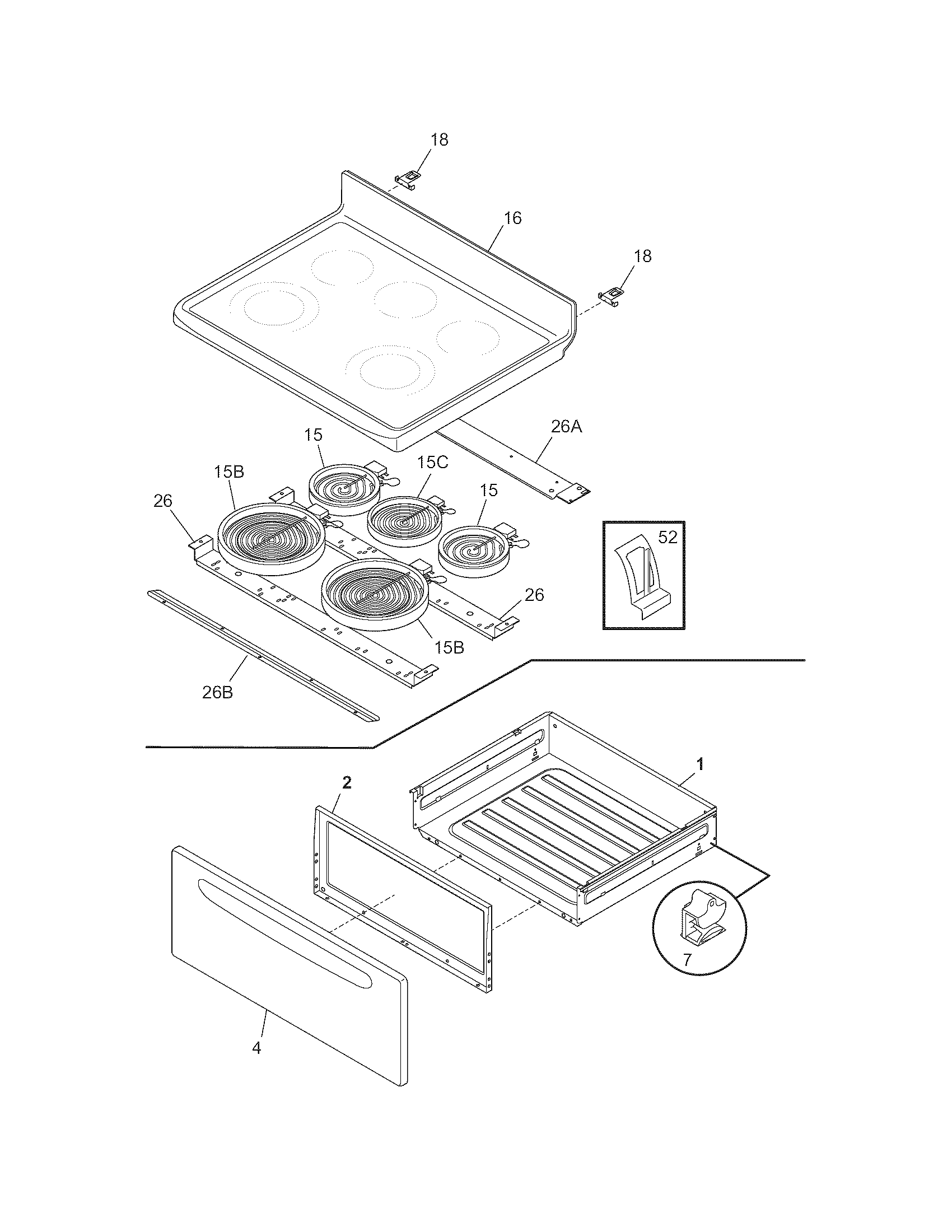 Frigidaire CGLEF379DBE top/drawer diagram