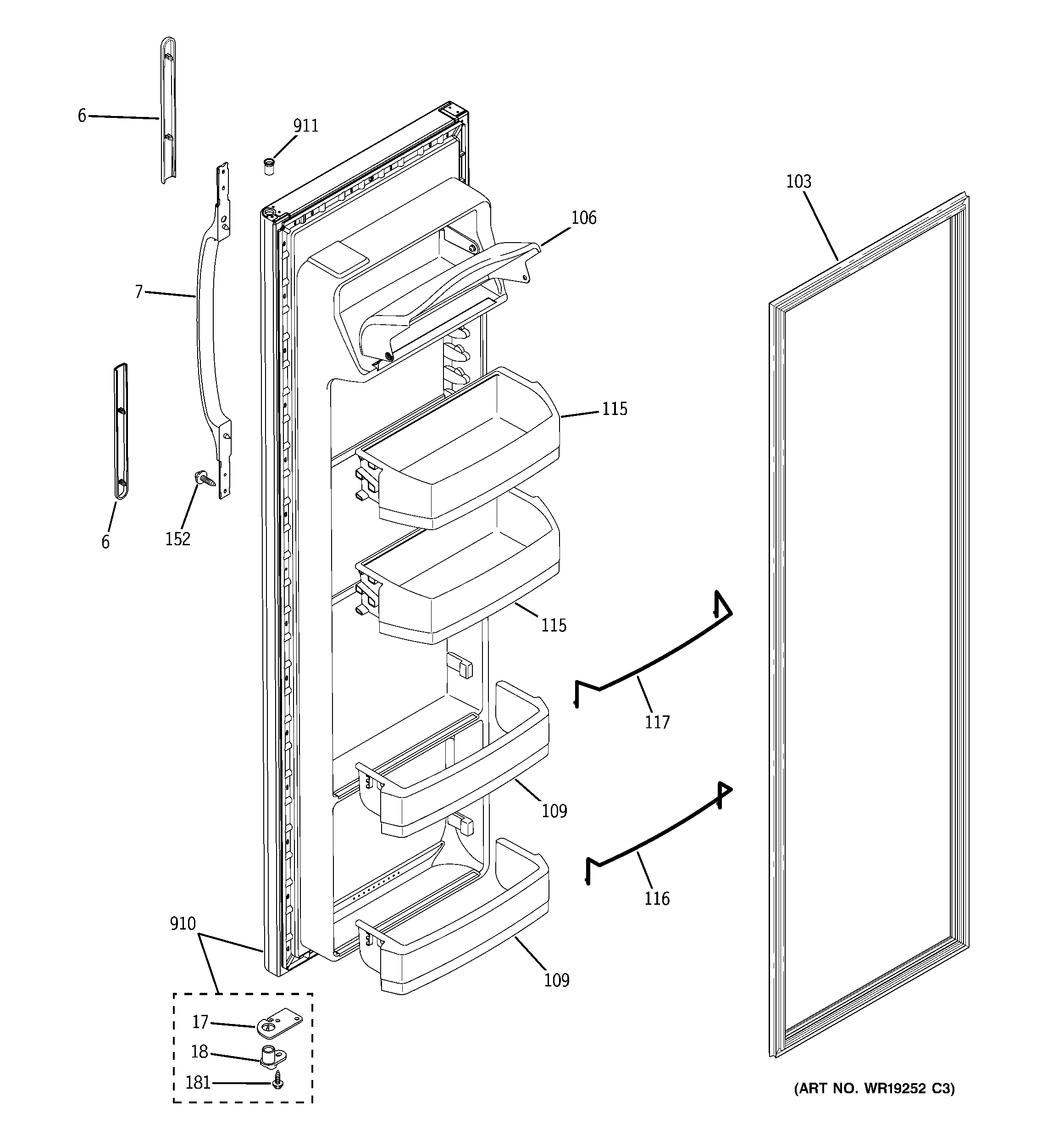 RCA RSG25KEPHFWW fresh food door diagram