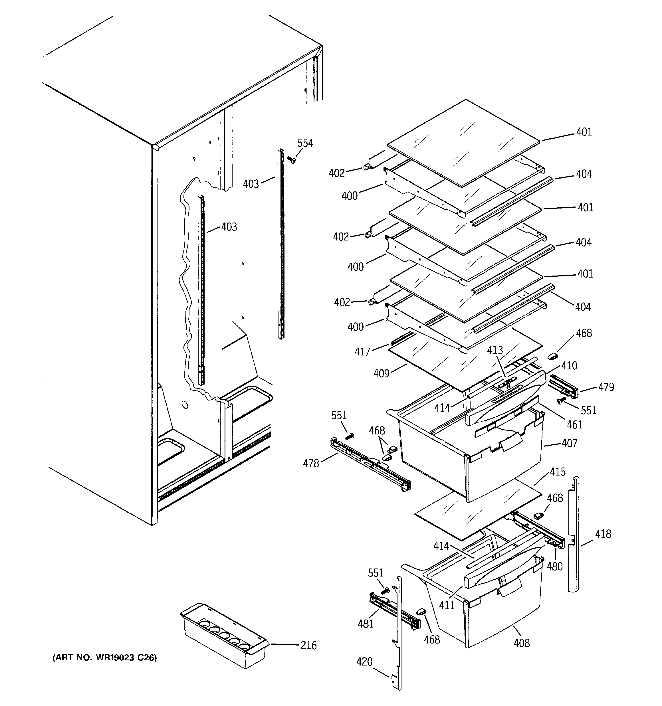 RCA RSG25KEPHFWW fresh food shelves diagram
