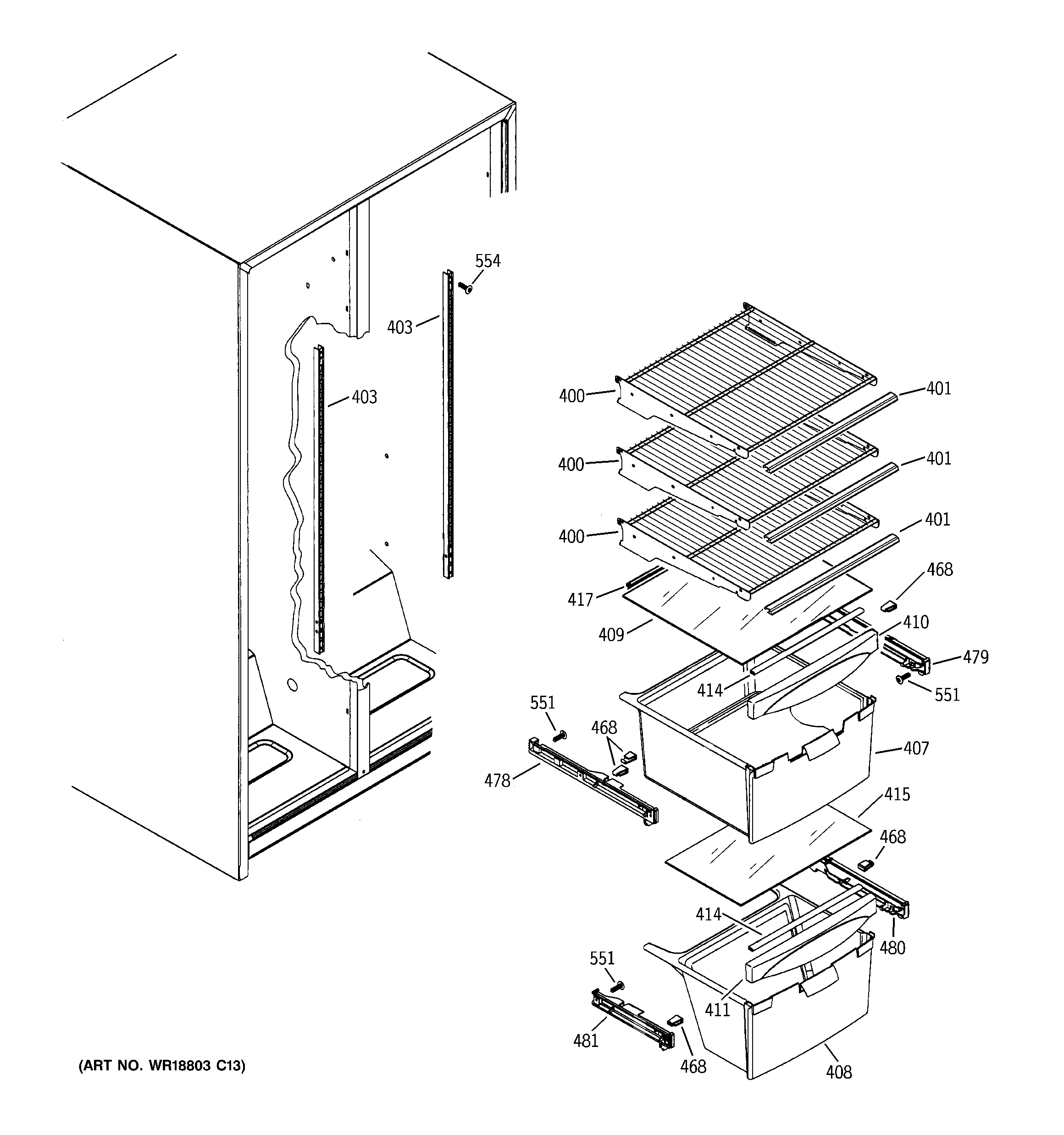RCA RSG20DDPHFWW fresh food shelves diagram