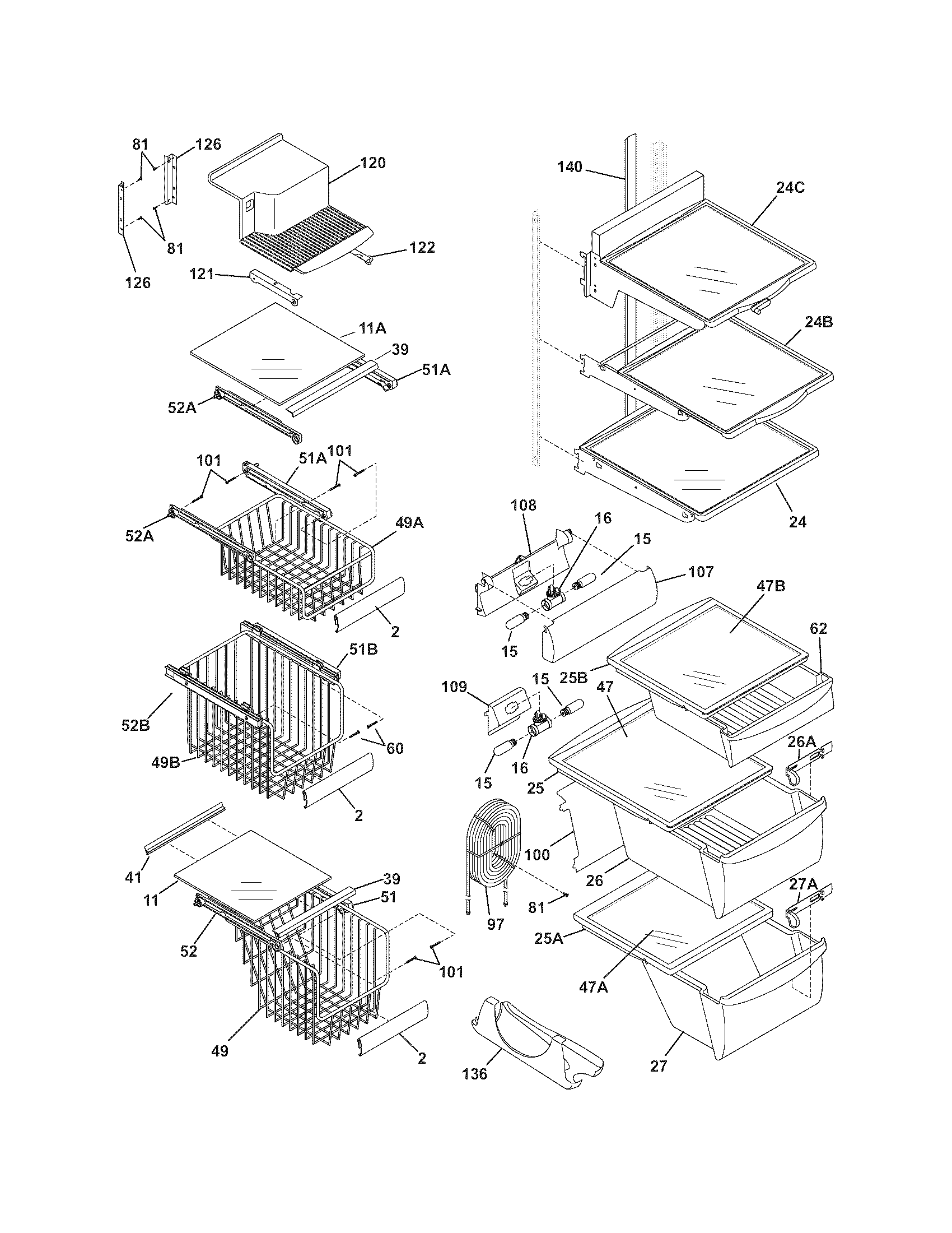 Frigidaire PHSC239DSB5 shelves diagram